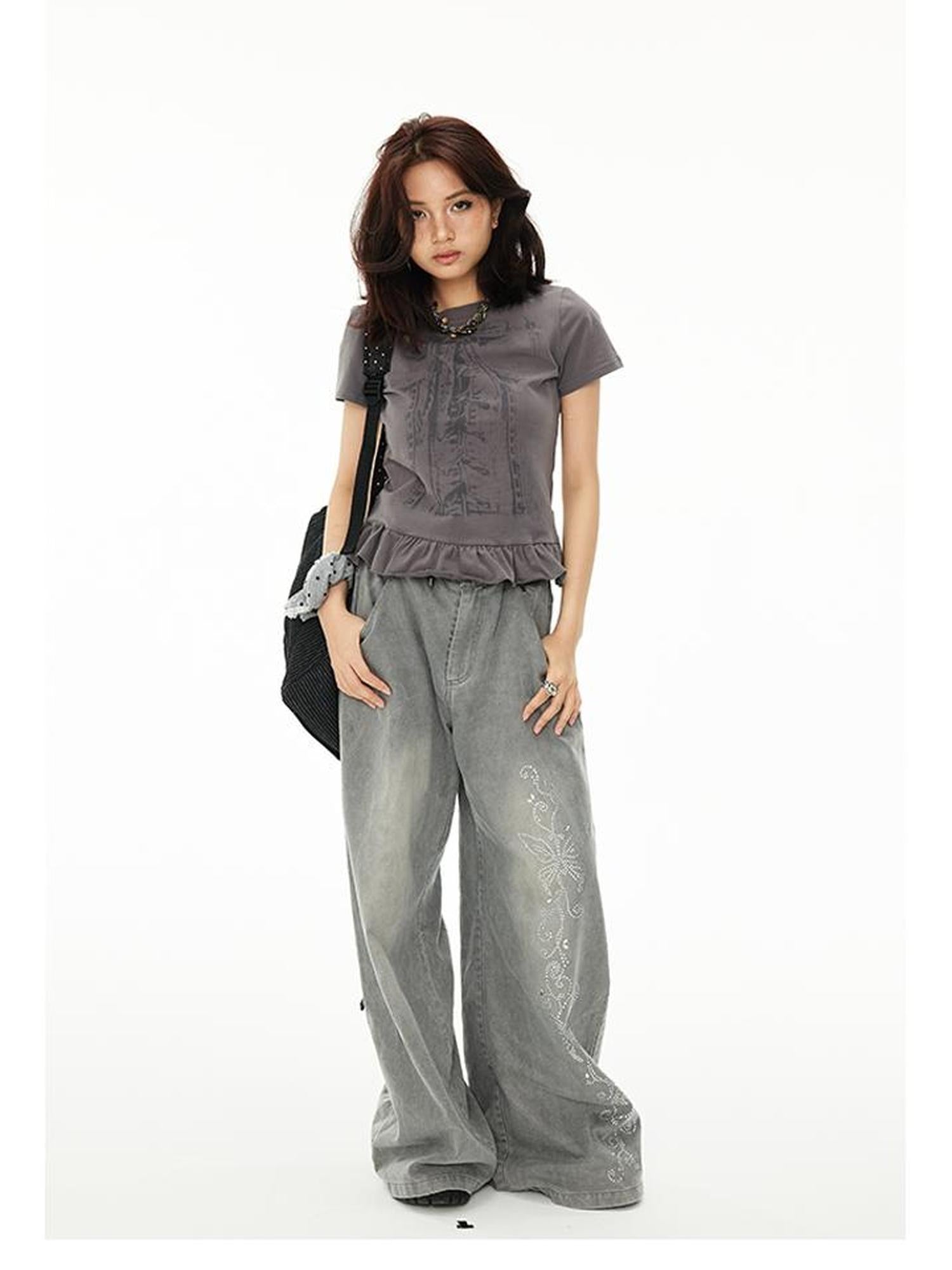 MOMSYCAN FOX LINE Tencel Denim Effect Wide Leg Drag Pants With Rhinestone Wash