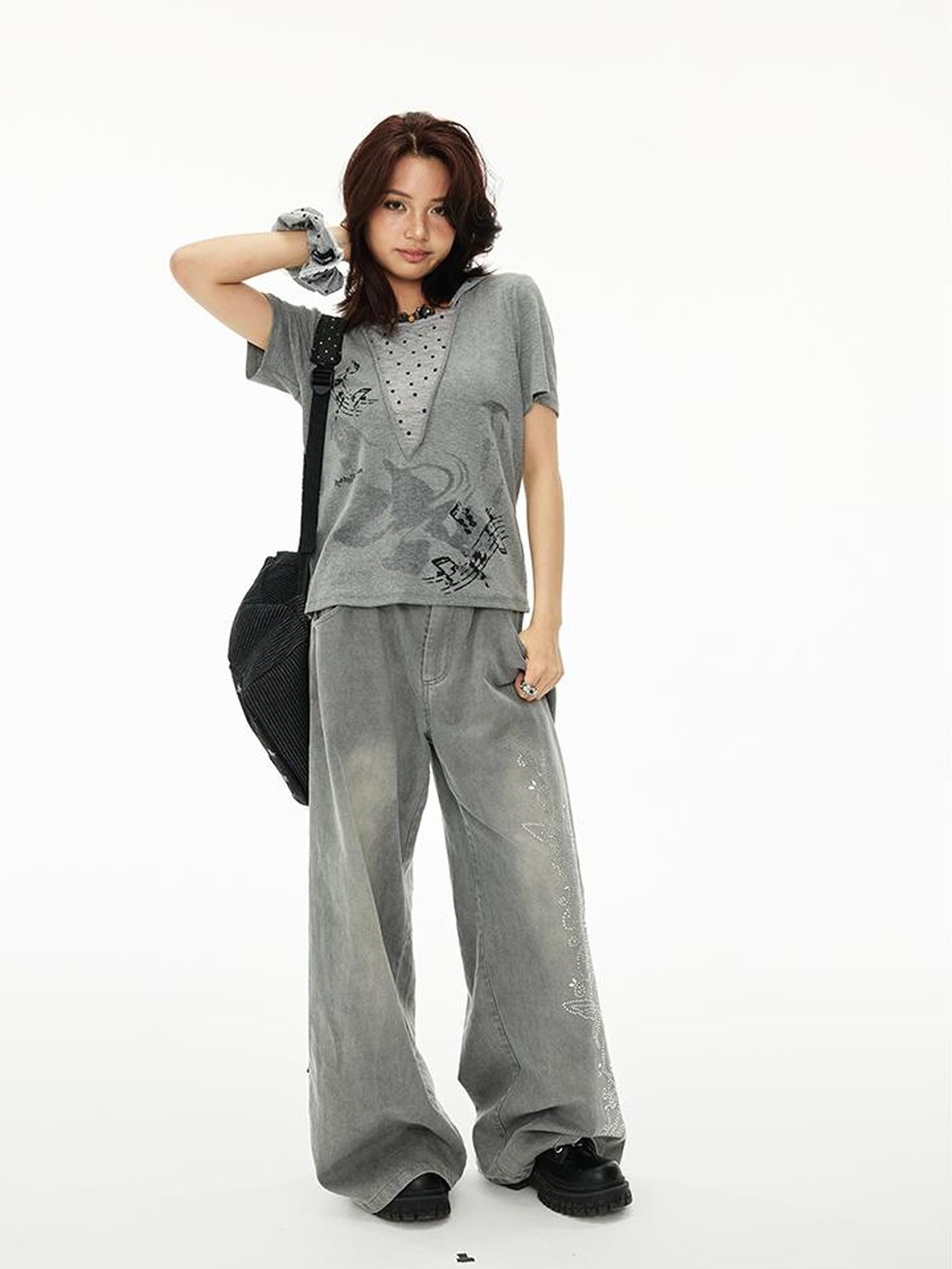 MOMSYCAN FOX LINE Tencel Denim Effect Wide Leg Drag Pants With Rhinestone Wash