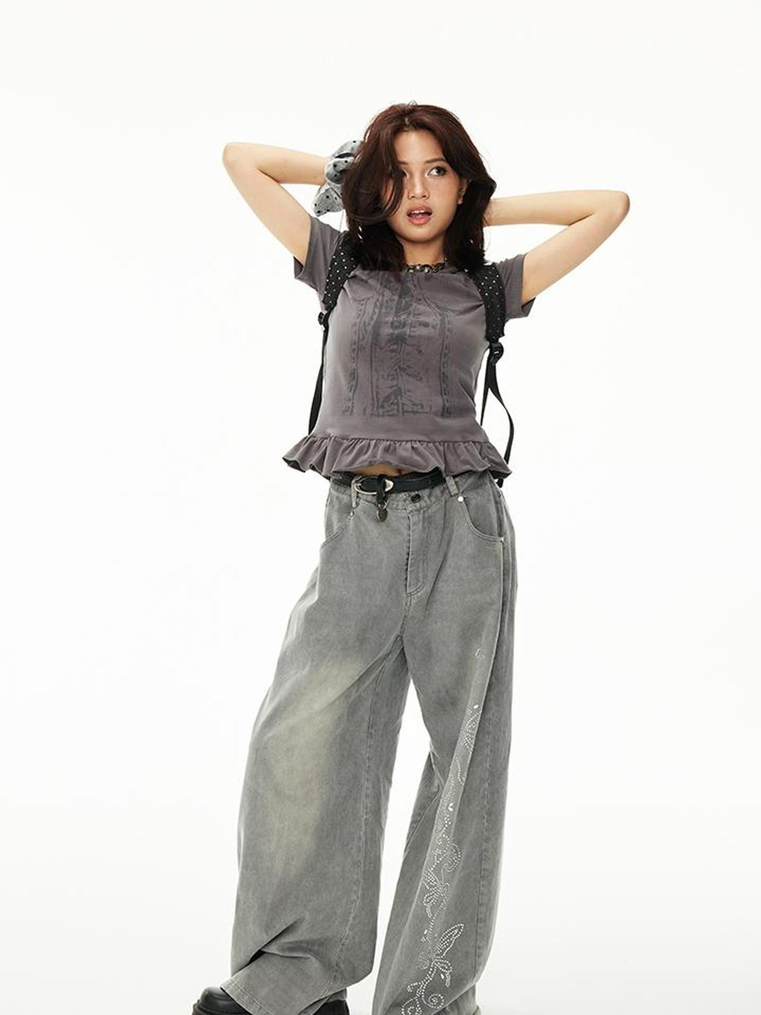 MOMSYCAN FOX LINE Tencel Denim Effect Wide Leg Drag Pants With Rhinestone Wash