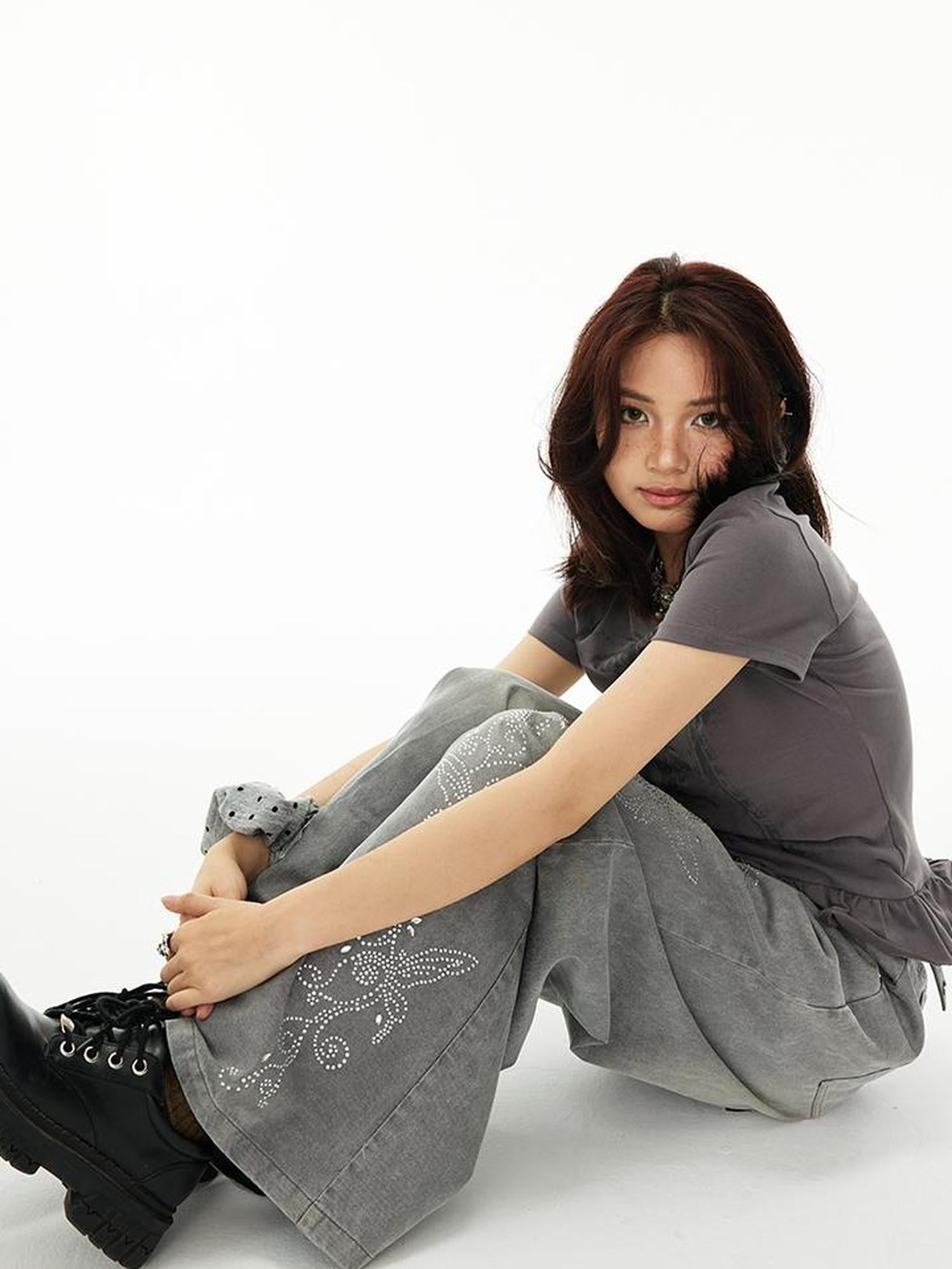 MOMSYCAN FOX LINE Tencel Denim Effect Wide Leg Drag Pants With Rhinestone Wash