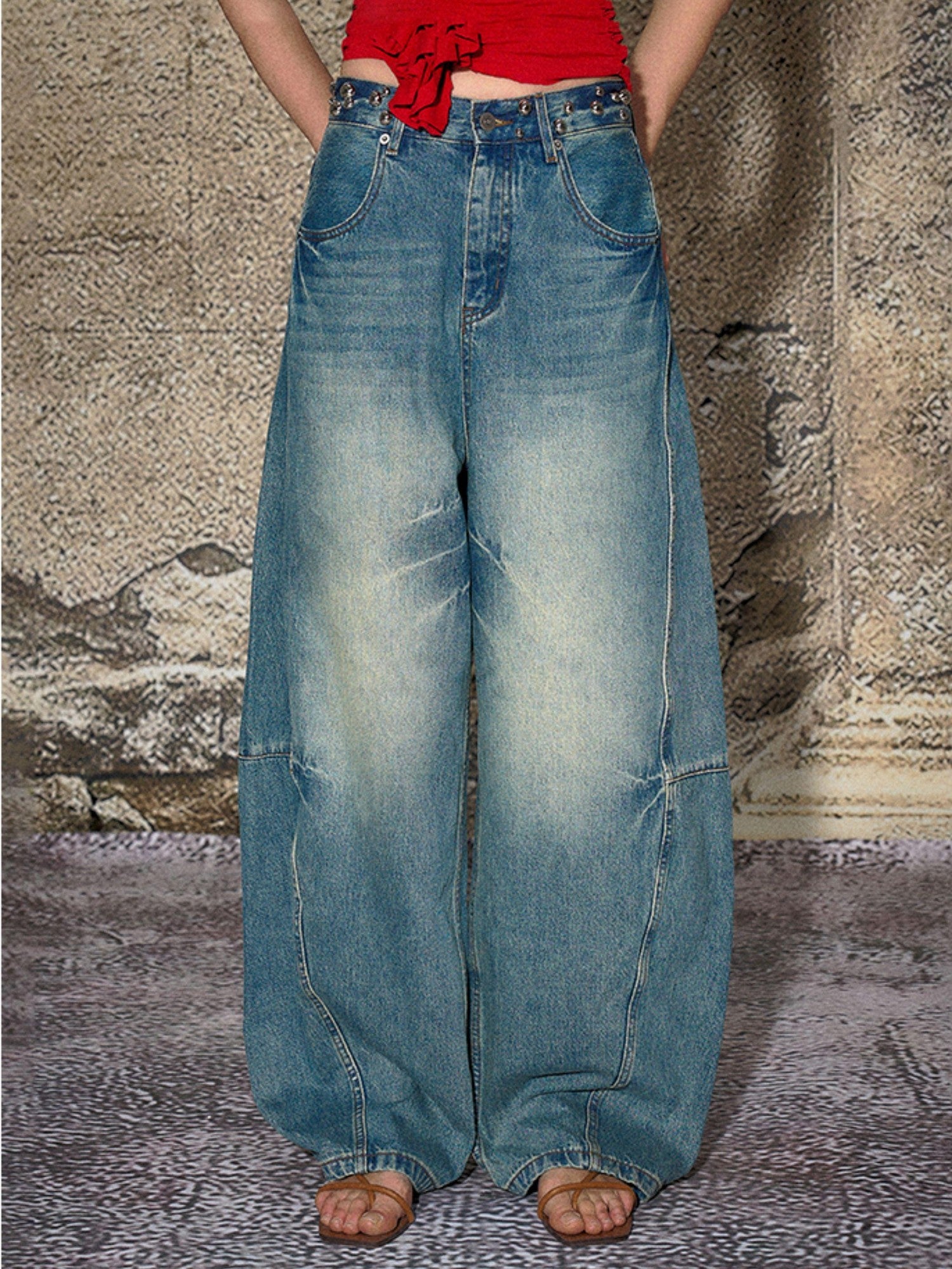 The NeverMore Blue Split Seam Distressed Wide Leg Women&