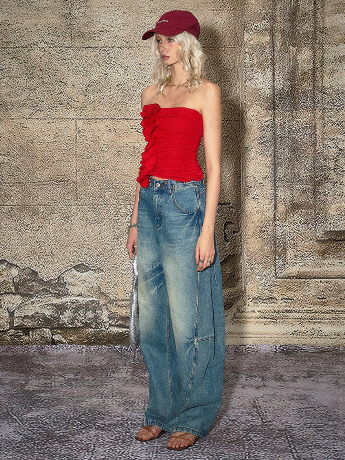The NeverMore Blue Split Seam Distressed Wide Leg Women&