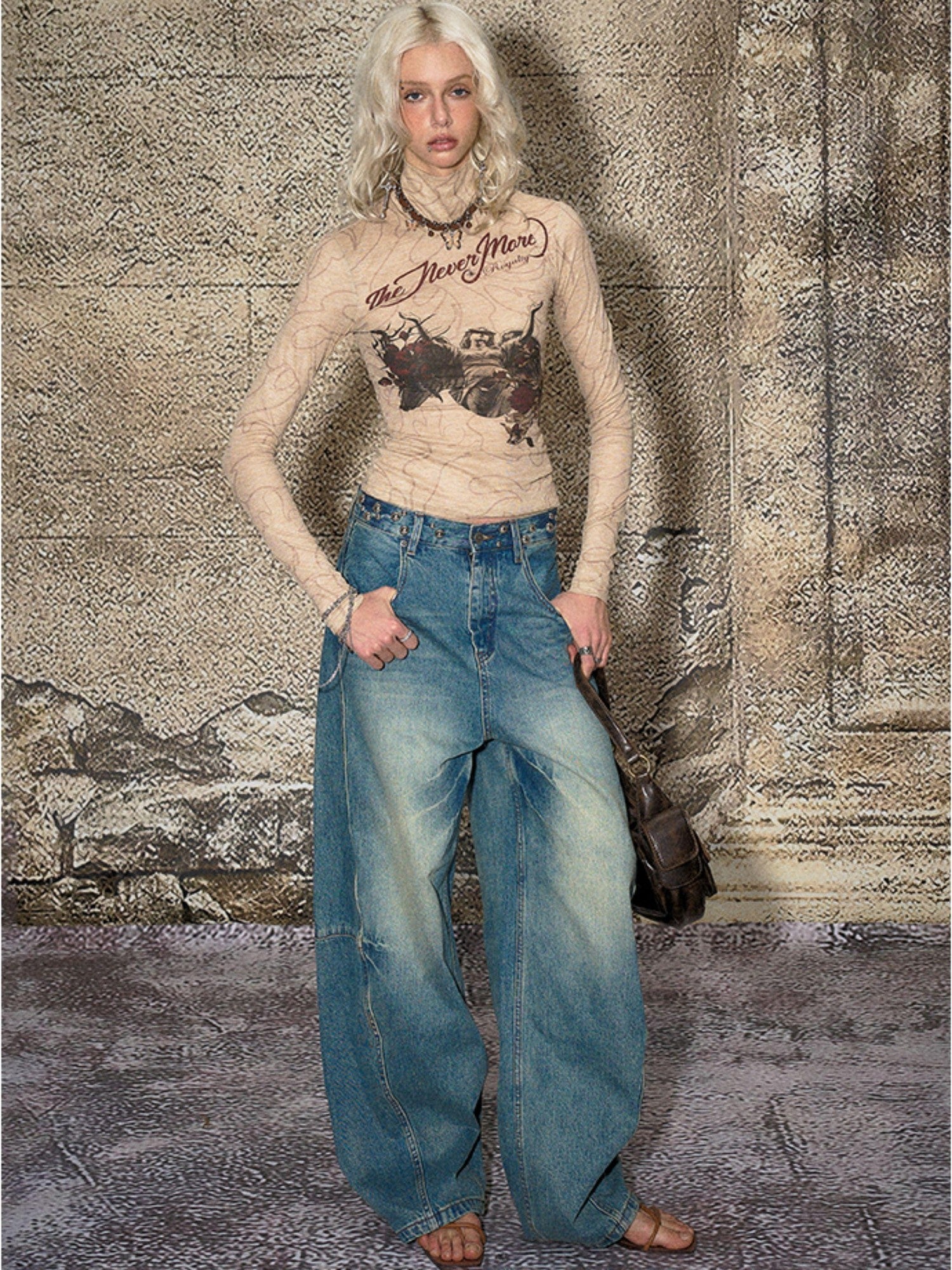 The NeverMore Blue Split Seam Distressed Wide Leg Women&