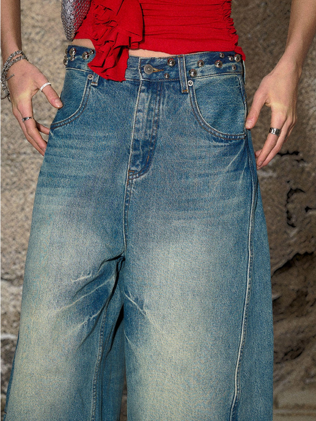 The NeverMore Blue Split Seam Distressed Wide Leg Women&