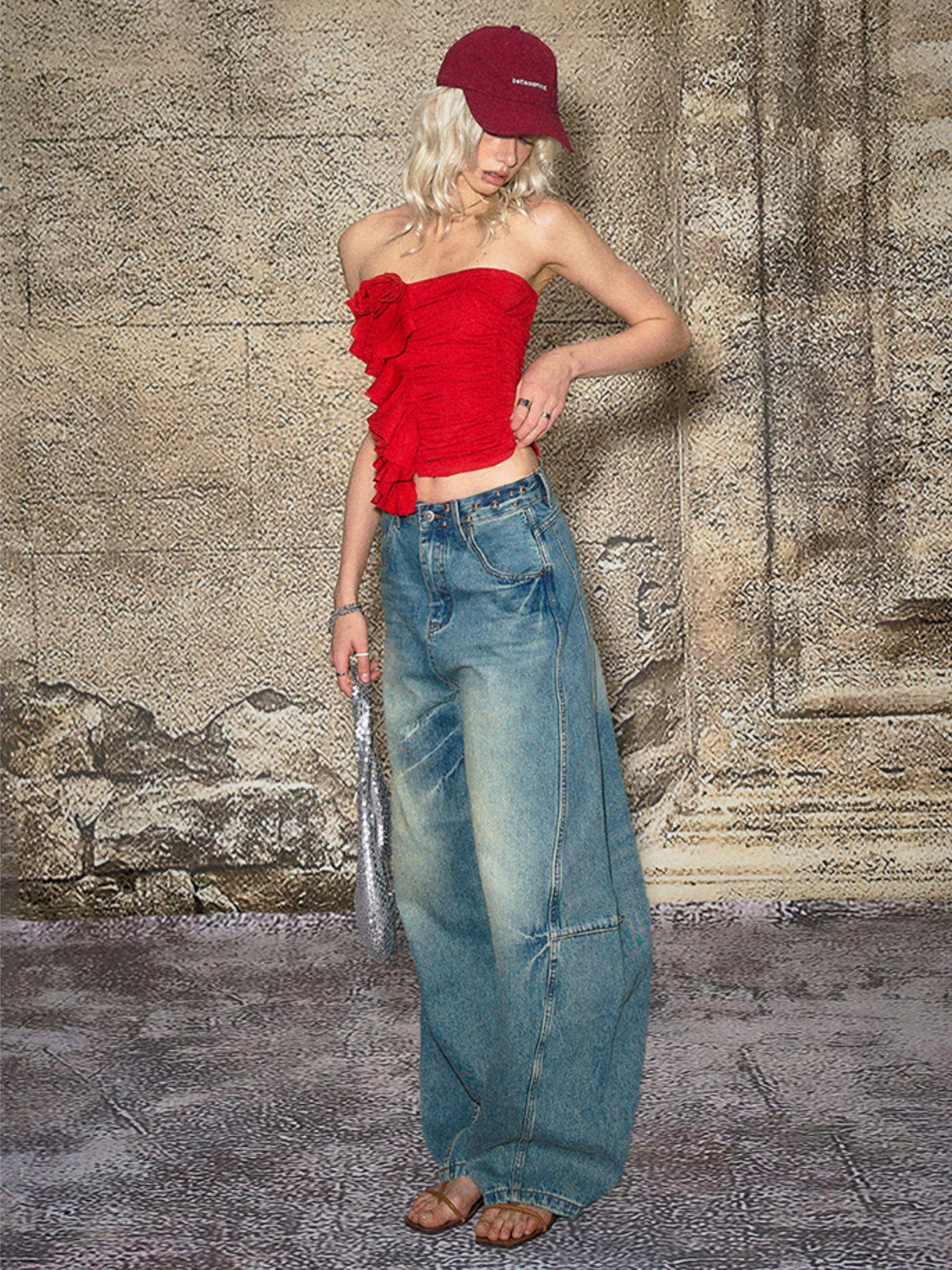 The NeverMore Blue Split Seam Distressed Wide Leg Women&