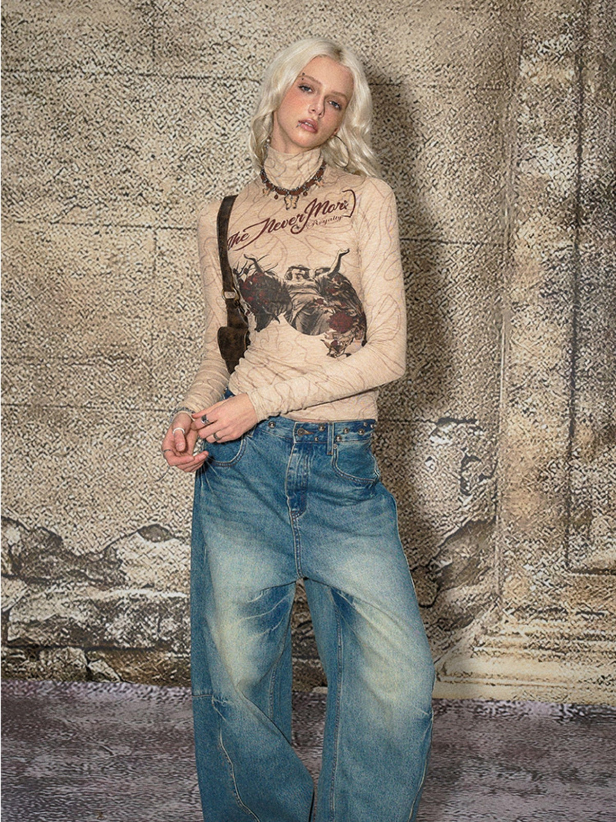 The NeverMore Blue Split Seam Distressed Wide Leg Women&