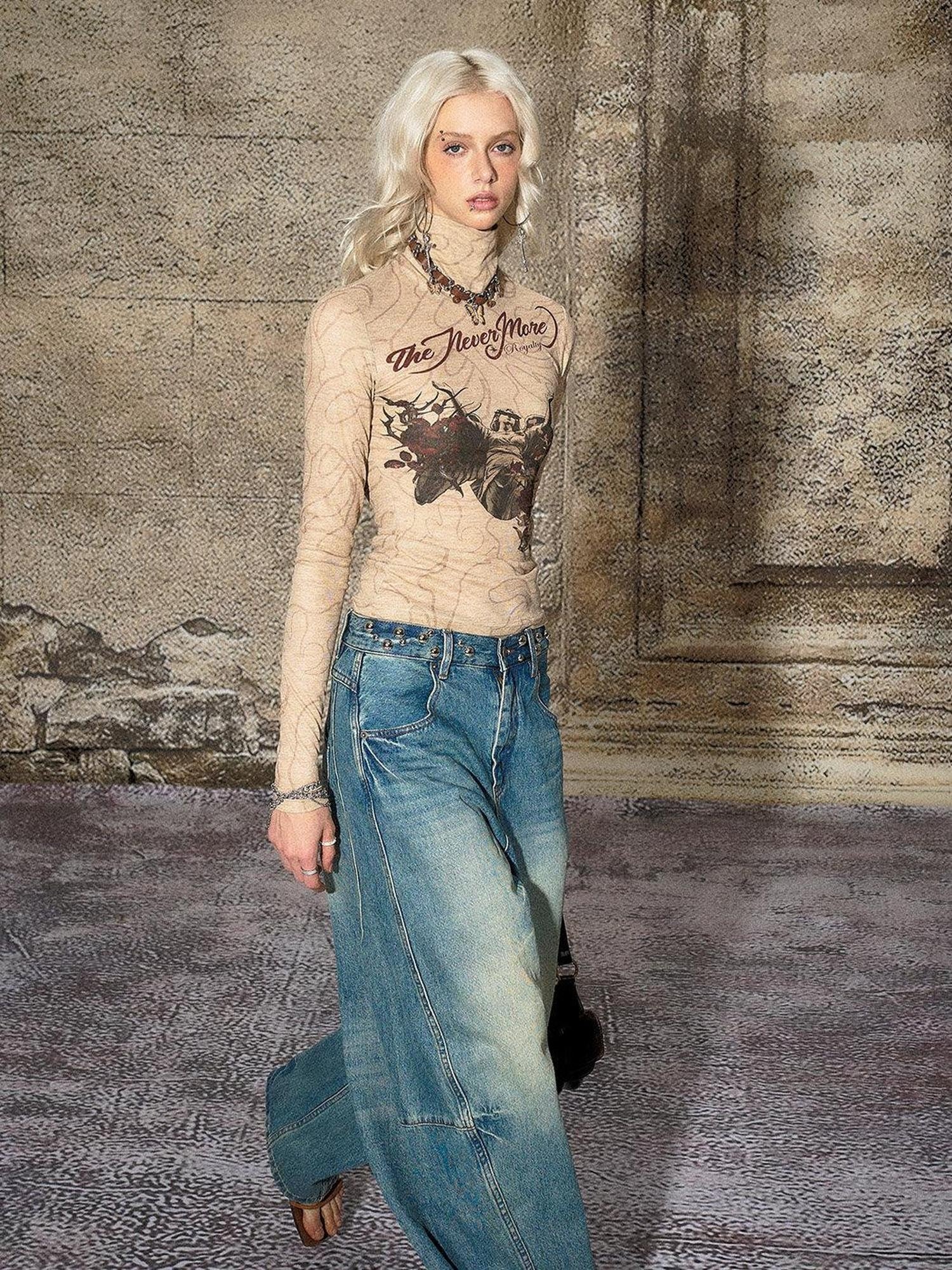 The NeverMore Blue Split Seam Distressed Wide Leg Women&