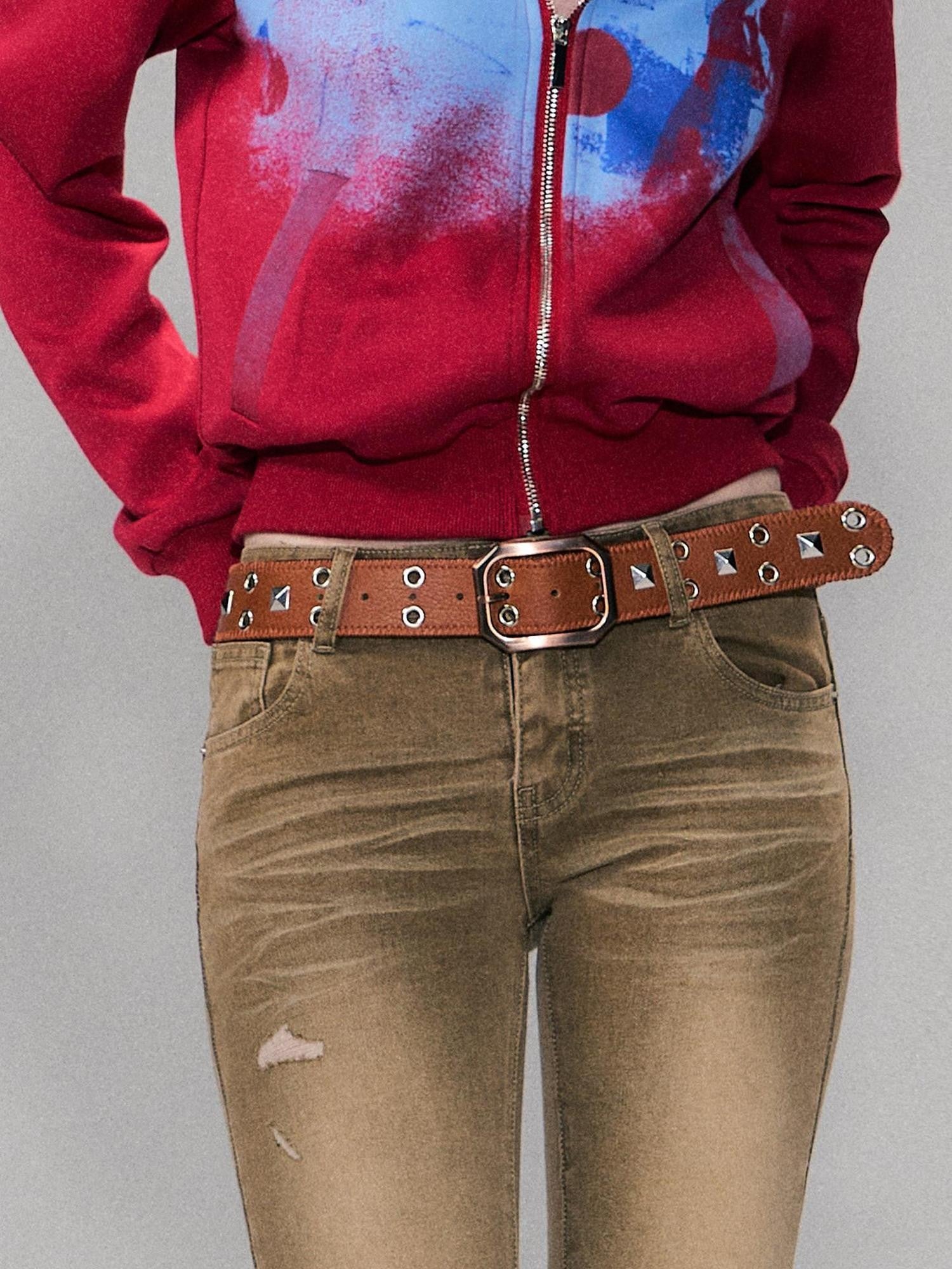 The NeverMore Brown Studded Vintage Pin Buckle Minimalist Jeans Women&