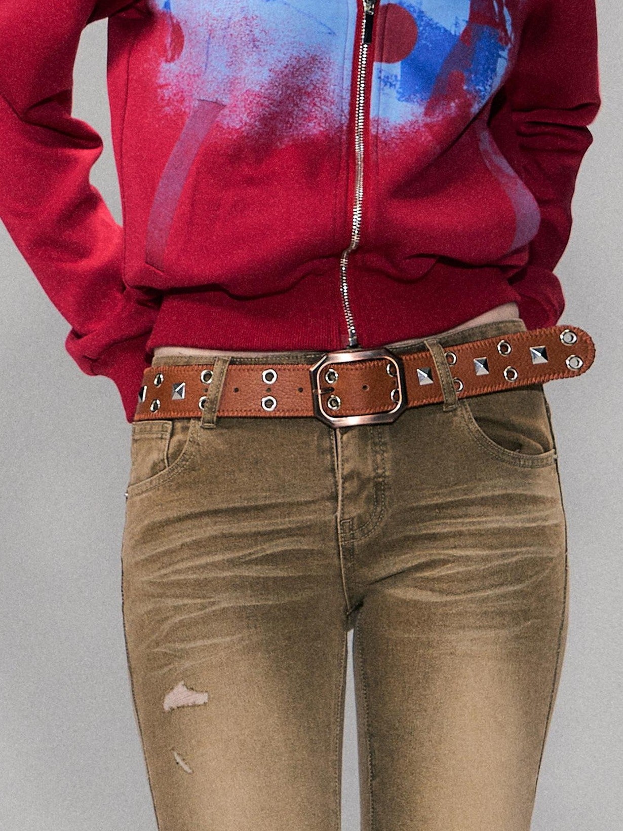 The NeverMore Brown Studded Vintage Pin Buckle Minimalist Jeans Women&