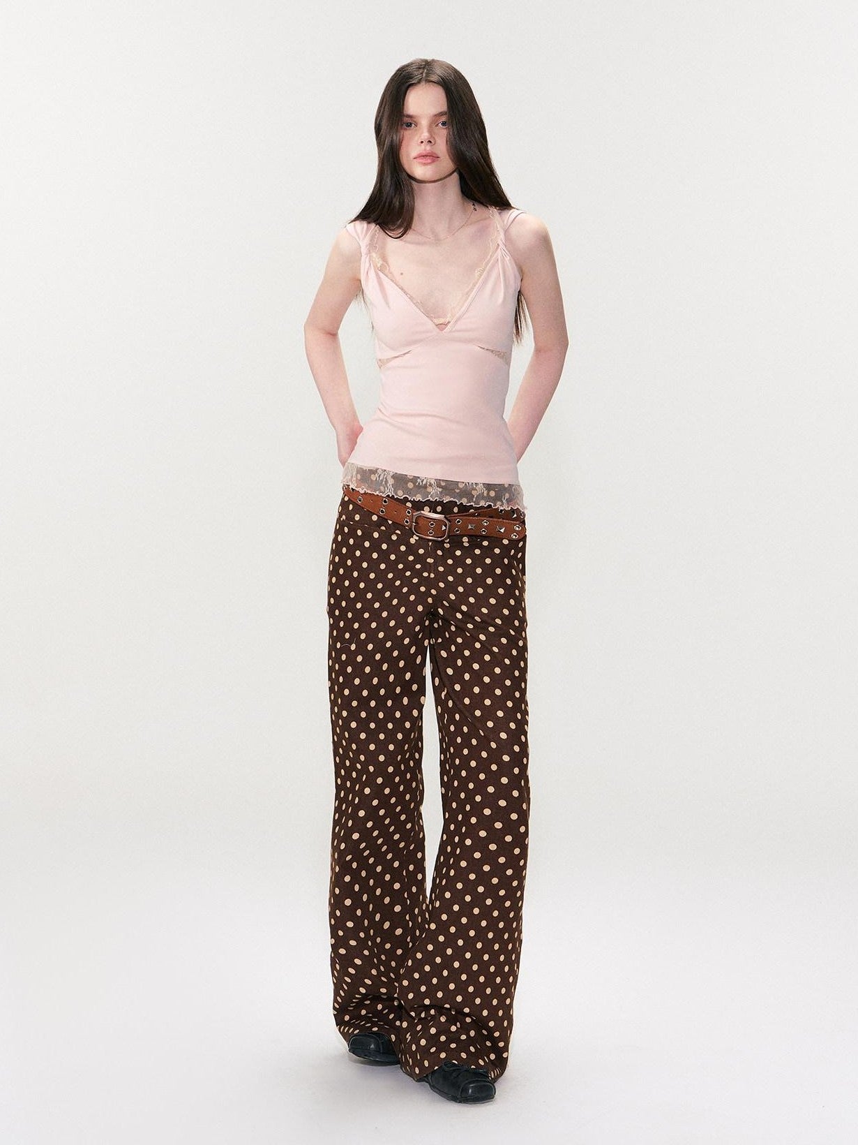 The NeverMore Brown Studded Vintage Pin Buckle Minimalist Jeans Women&