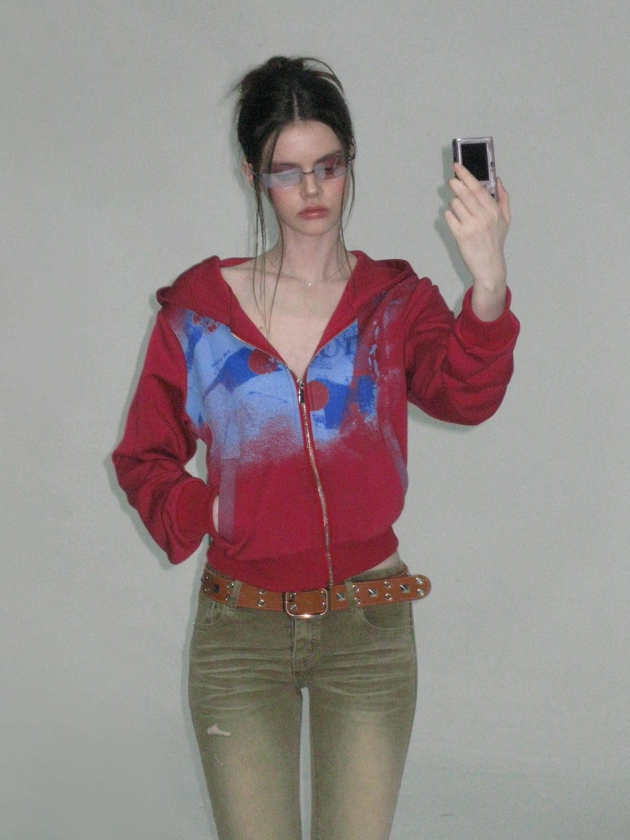 The NeverMore Brown Studded Vintage Pin Buckle Minimalist Jeans Women&