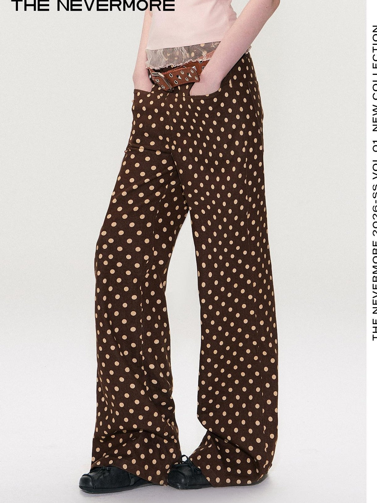 The NeverMore Brown Vintage Polka Dot Natural Waist Casual Women&