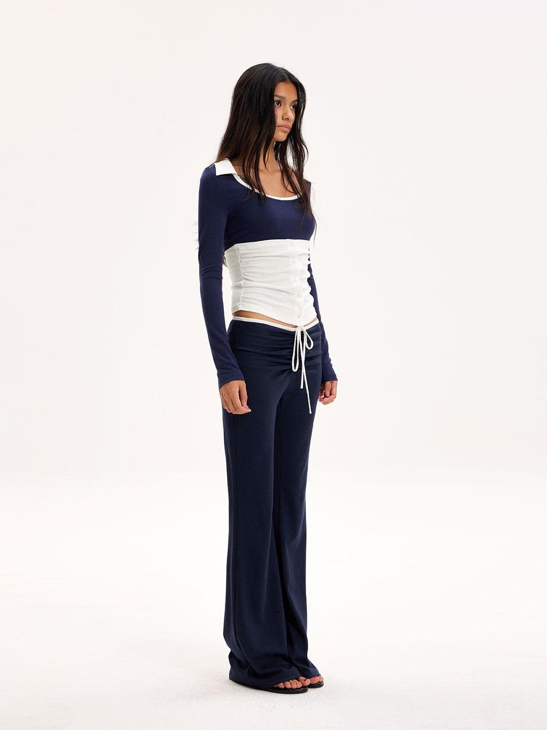 The NeverMore Color Block Collared U Neck Button Long Sleeve Drawstring Flared Women&
