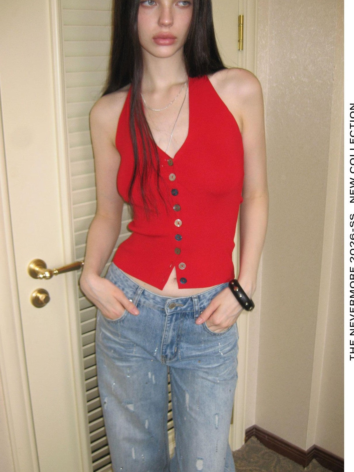 The NeverMore Colorful Yarn Knit Single Button French Slim Women&