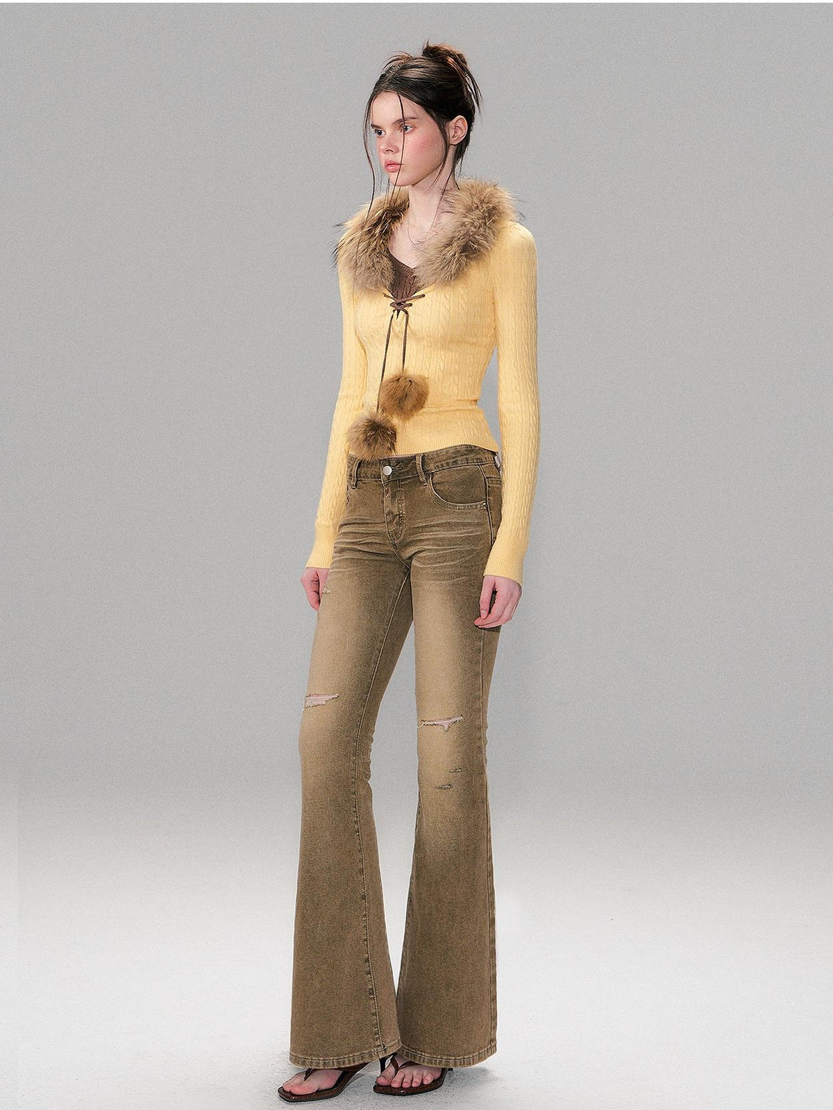 The NeverMore Detachable Raccoon Fur Collar Faux Layered Slim Fit Knit Women&