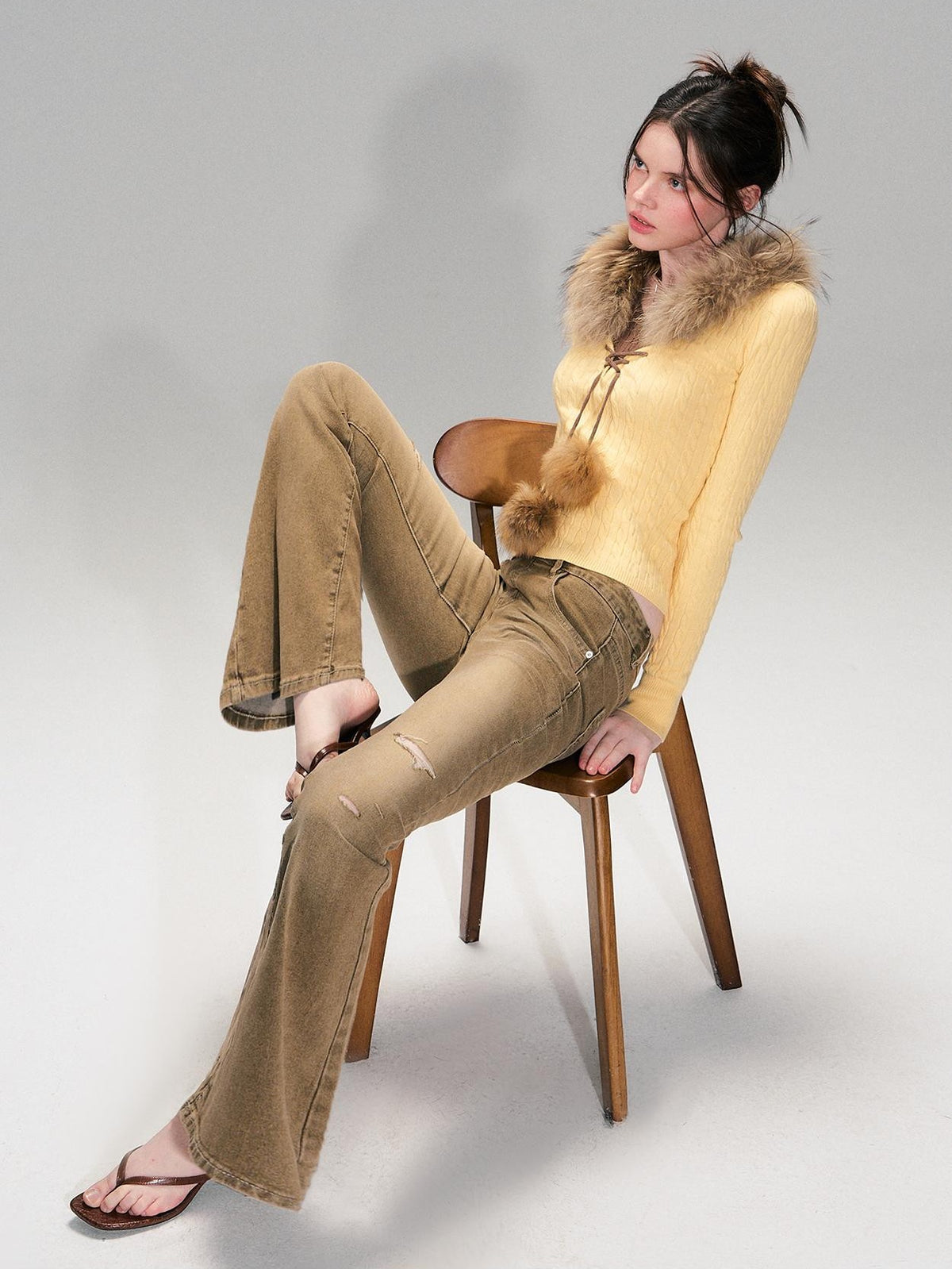 The NeverMore Detachable Raccoon Fur Collar Faux Layered Slim Fit Knit Women&