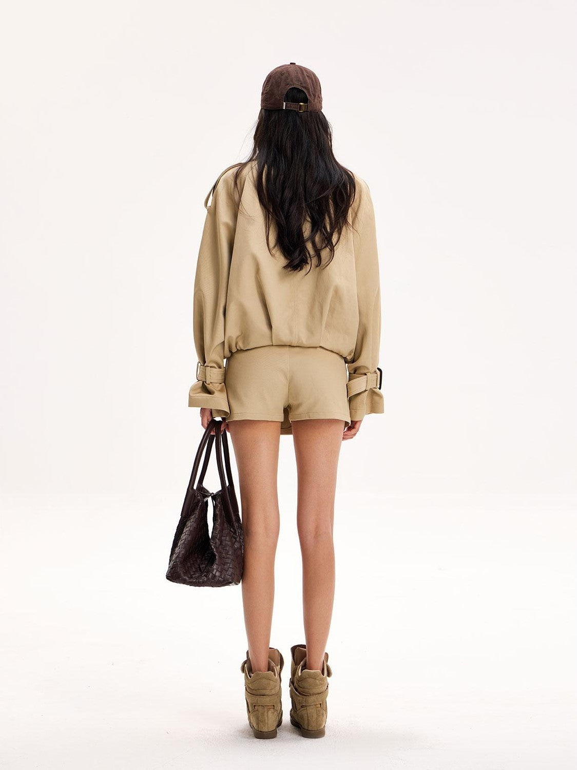 The NeverMore Double Breasted Button Front Stand Collar Cropped Windproof Women&