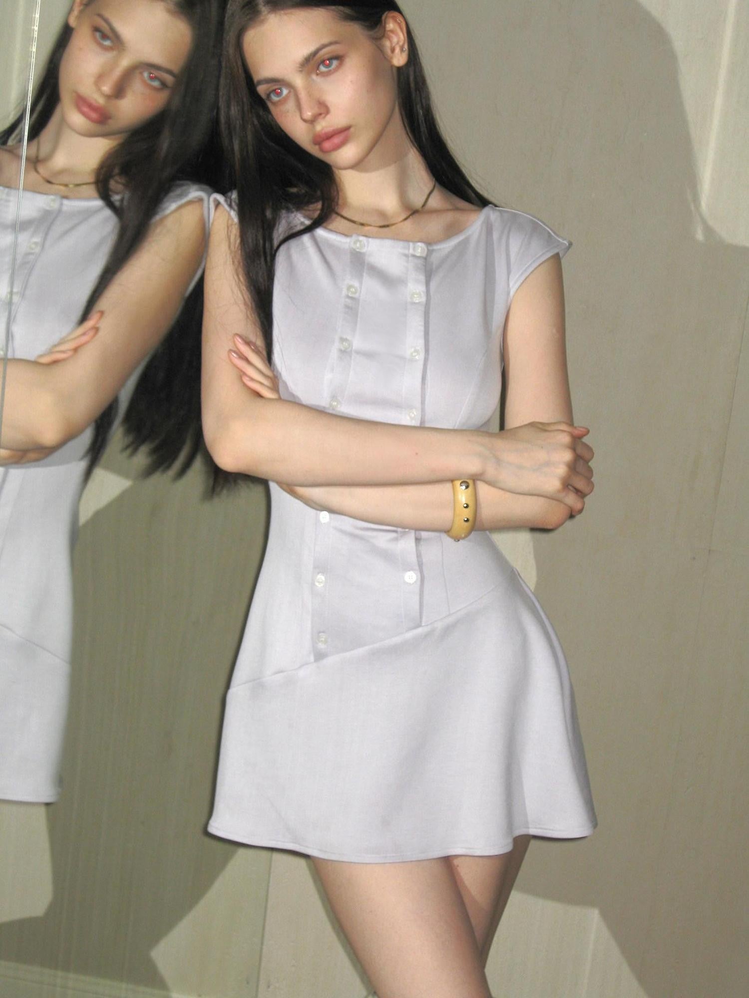 The NeverMore French Double Buttons Tailored One Shoulder Women&