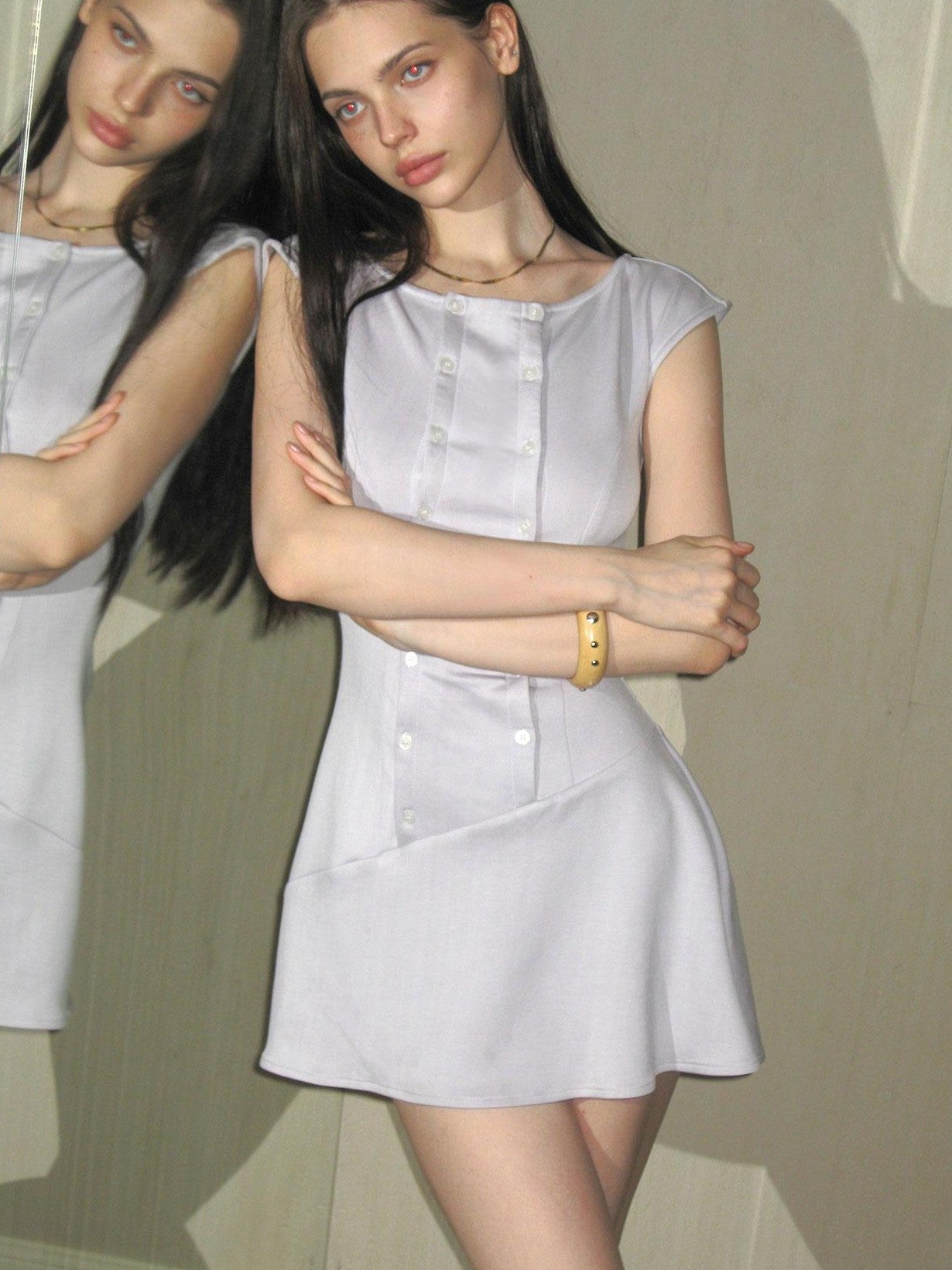 The NeverMore French Double Buttons Tailored One Shoulder Women&
