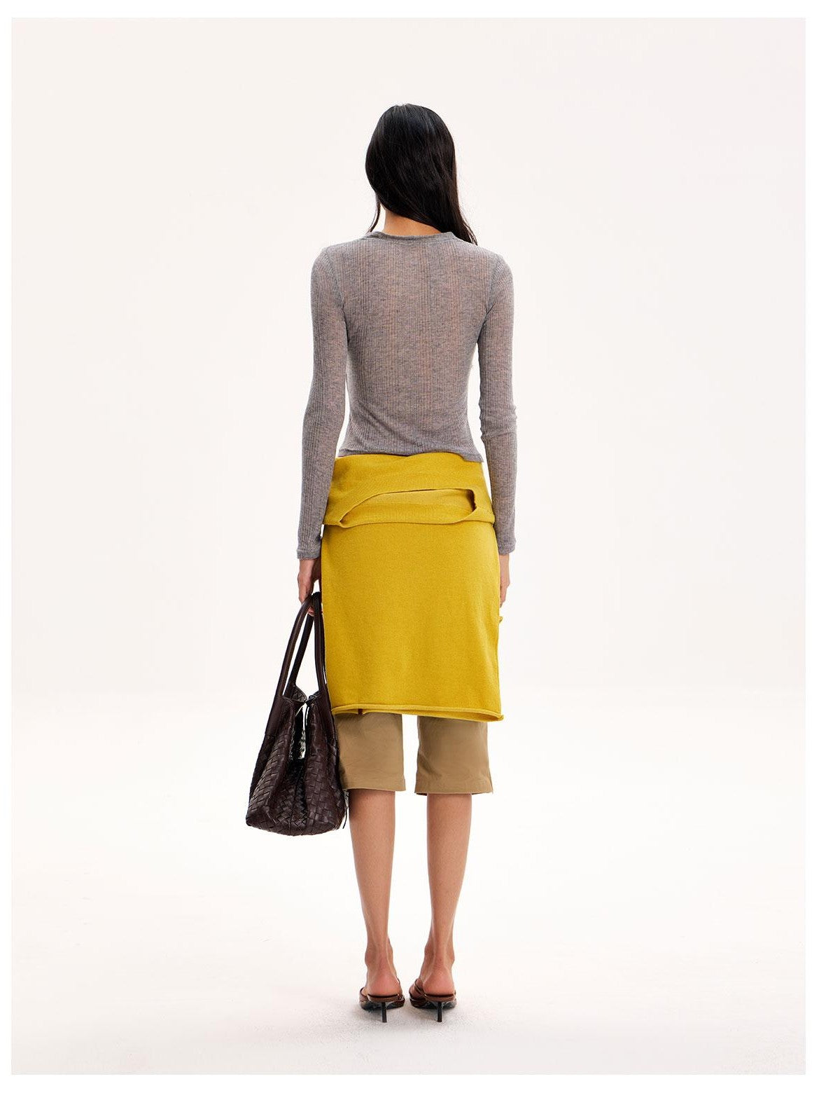 The NeverMore Gray Textured Faux Layered Cinched Waist Cropped Knit Women&
