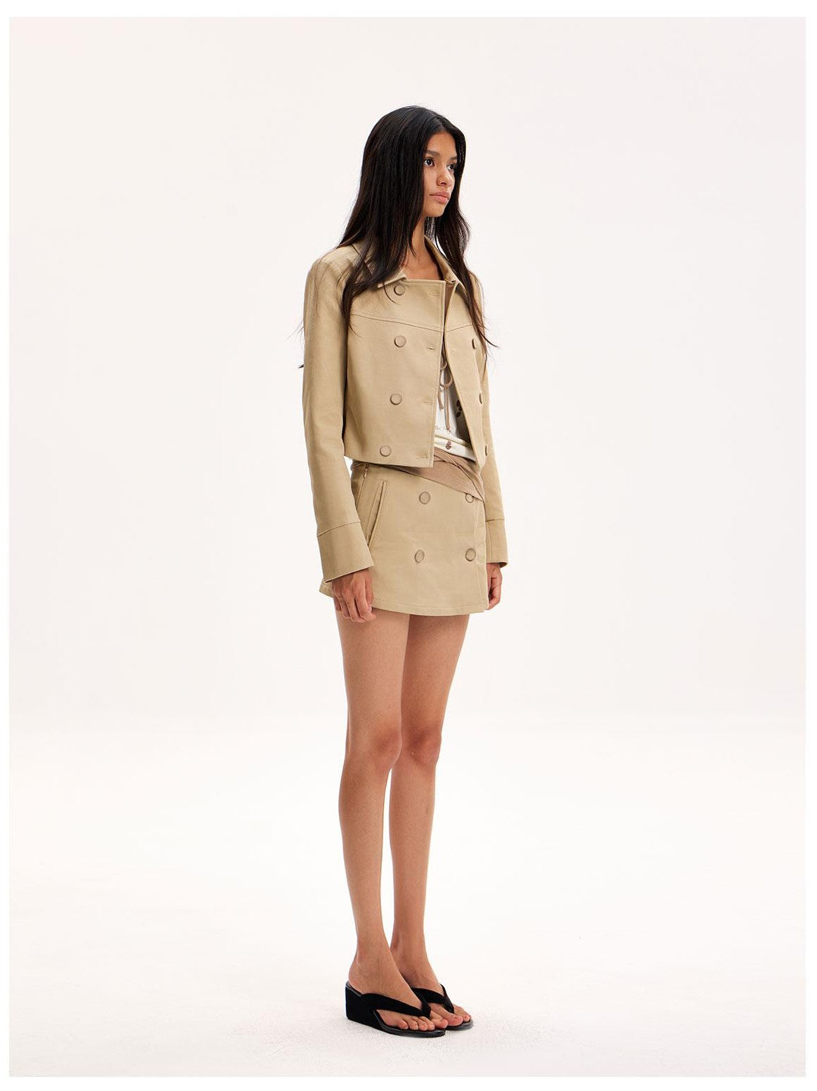 The NeverMore Khaki Double Breasted A Line Cotton Women&