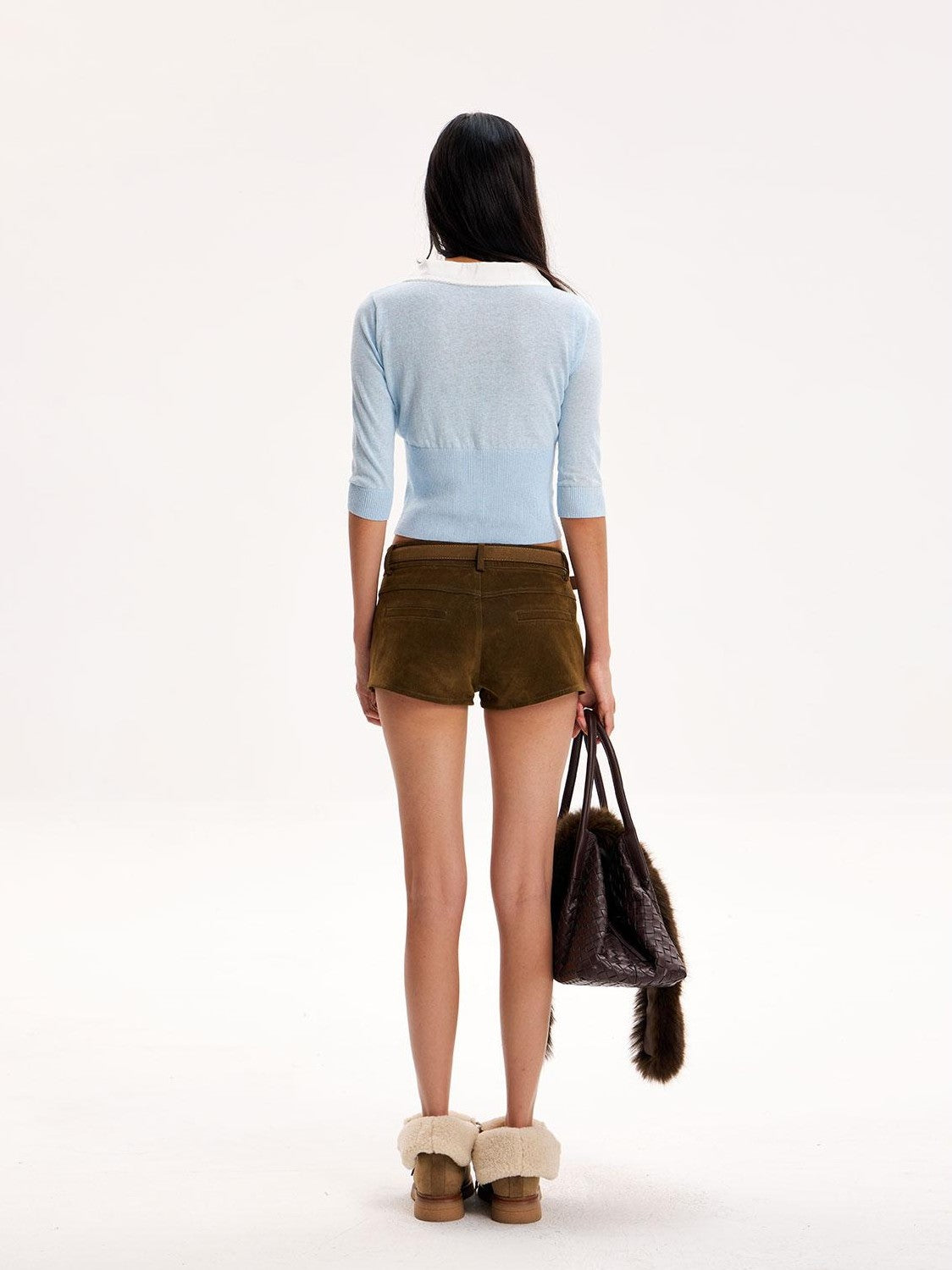 The NeverMore Light Blue Cutout Color Block Three Quarter Sleeve Cropped Women&