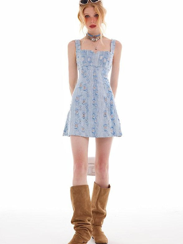 The NeverMore Light Blue Hand Distressed Aline High Waist Women&
