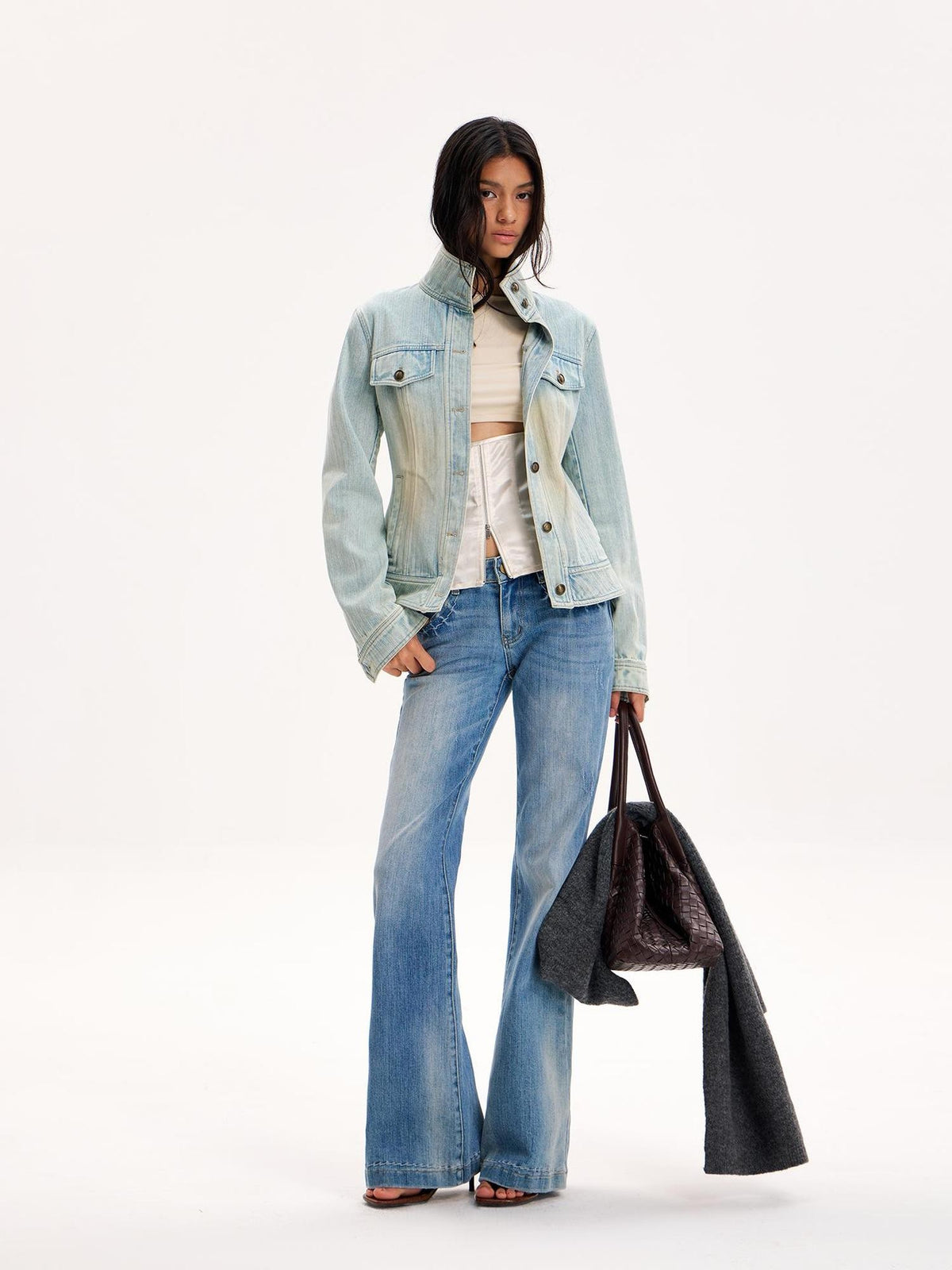 The NeverMore Light Wash Stand Collar Cinched Waist Women&