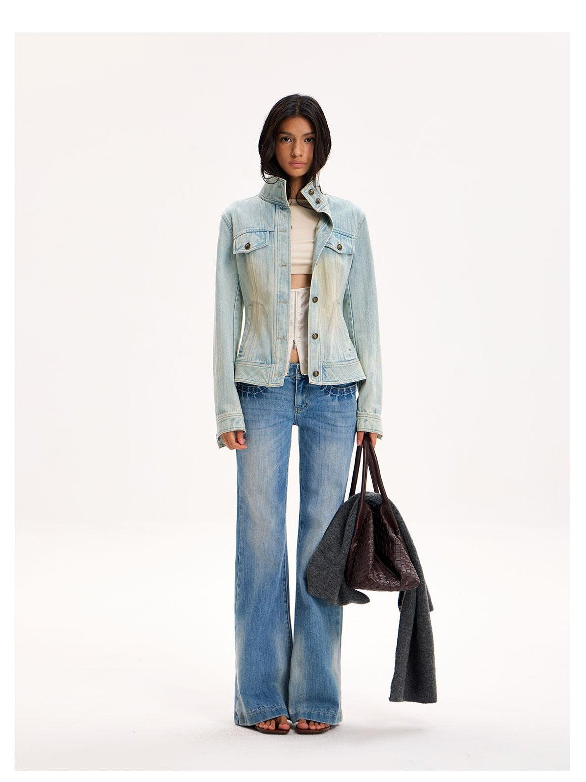 The NeverMore Light Wash Stand Collar Cinched Waist Women&