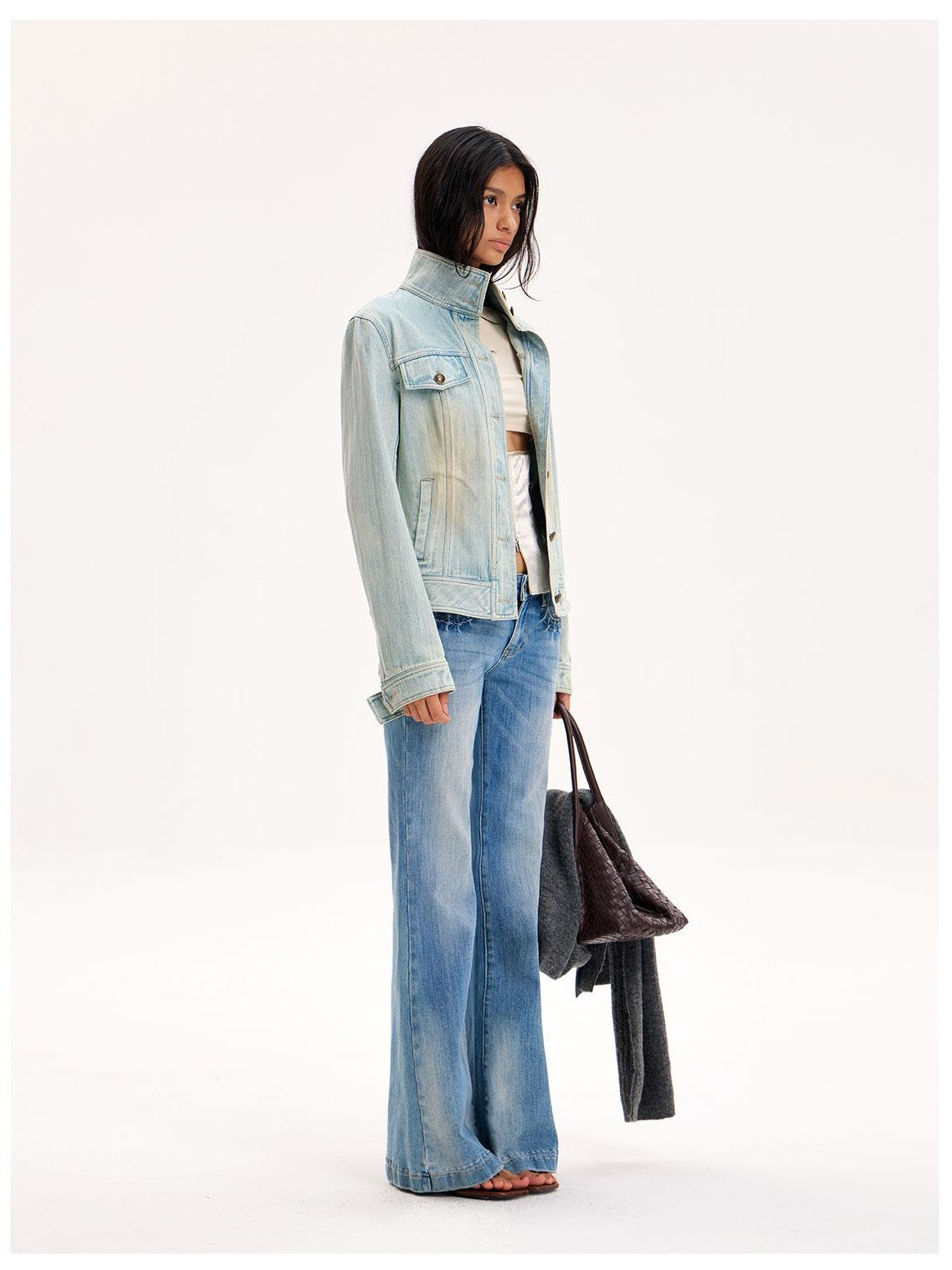 The NeverMore Light Wash Stand Collar Cinched Waist Women&