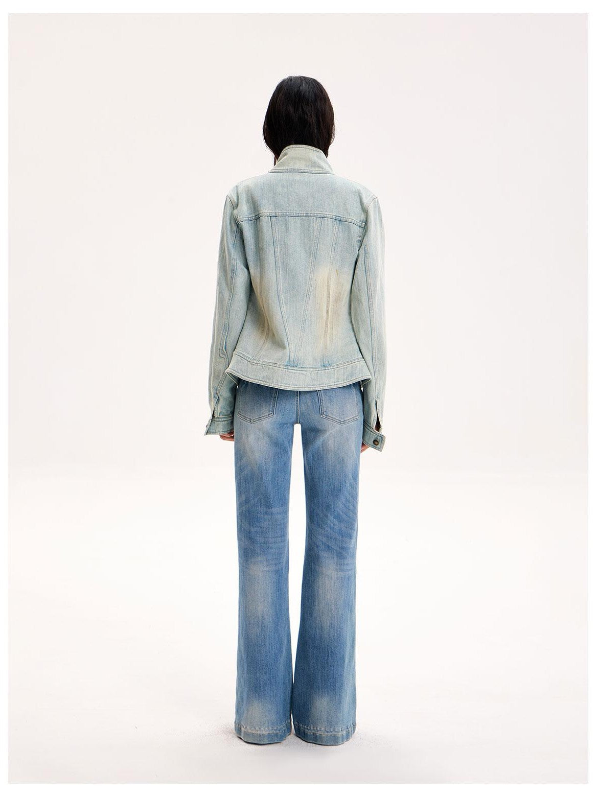 The NeverMore Light Wash Stand Collar Cinched Waist Women&