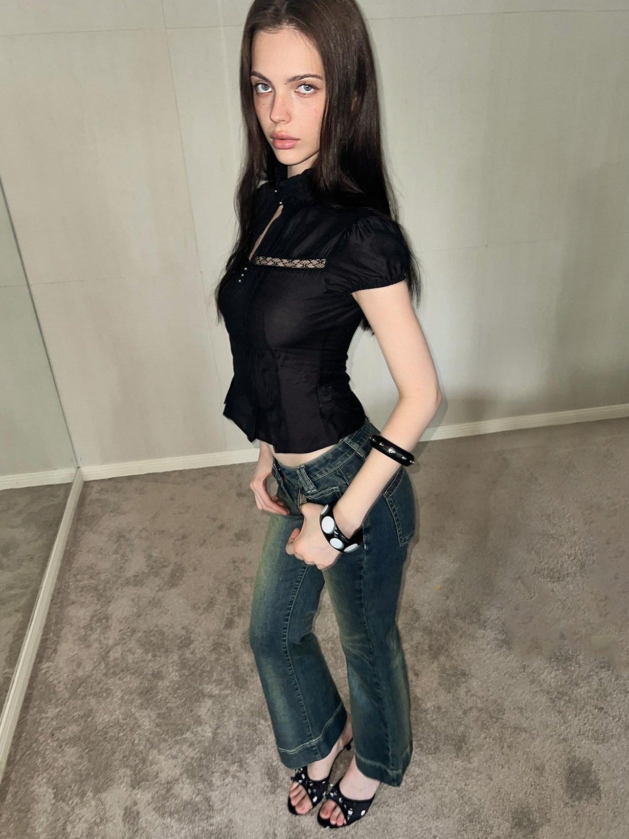 The NeverMore Mock Neck Cutout Lace Vintage Women&