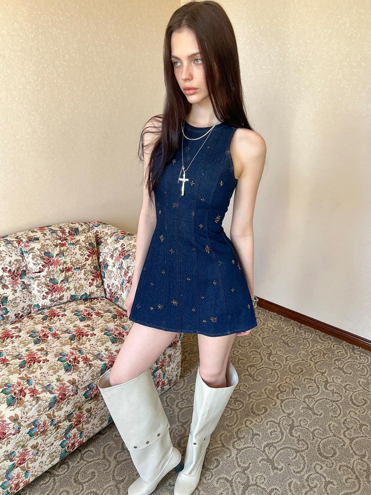 The NeverMore Navy Gold Embroidered Contrast Sleeveless Women&