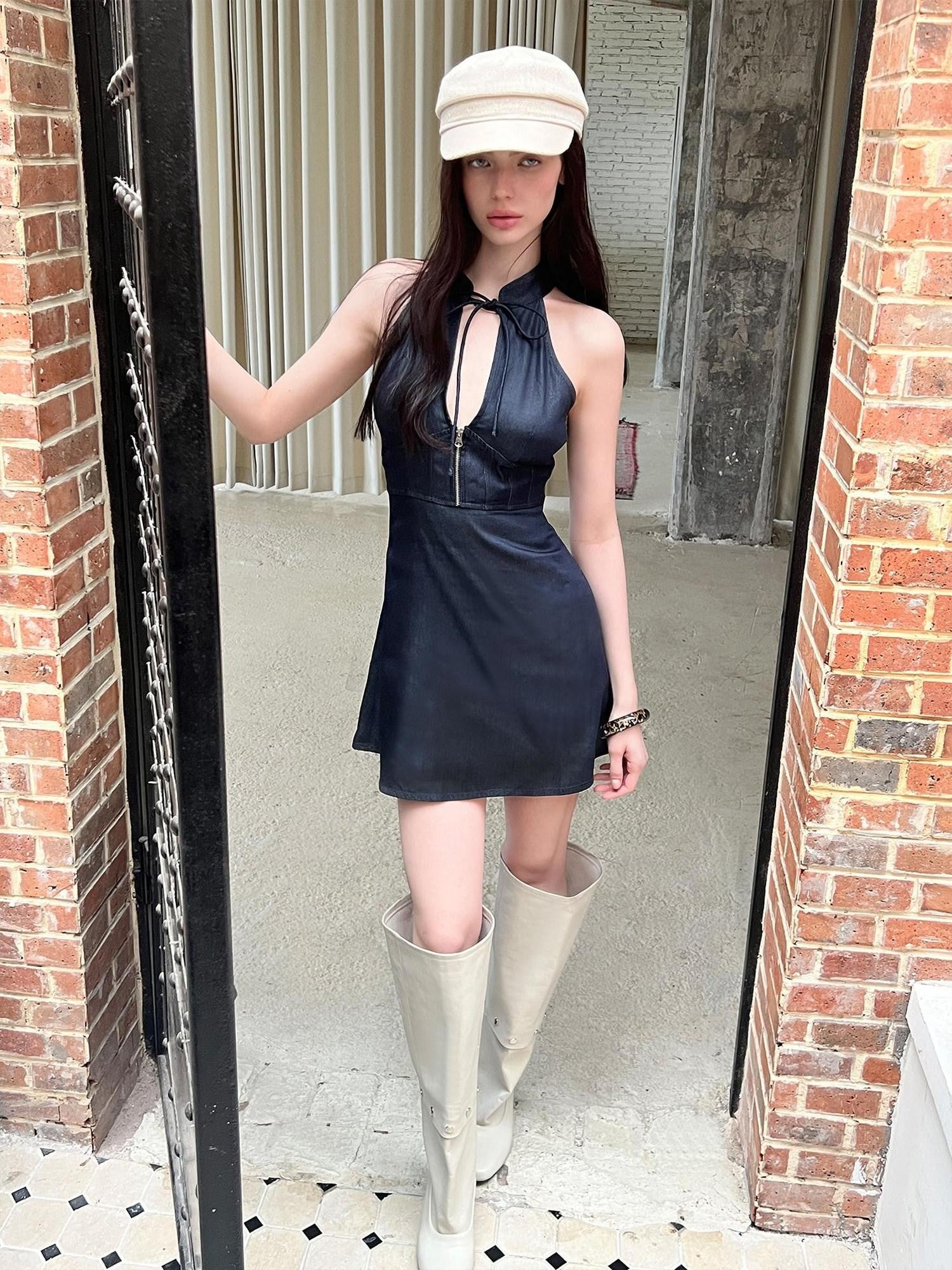 The NeverMore Navy Modern Chinese Cut Shoulder Aline Women&