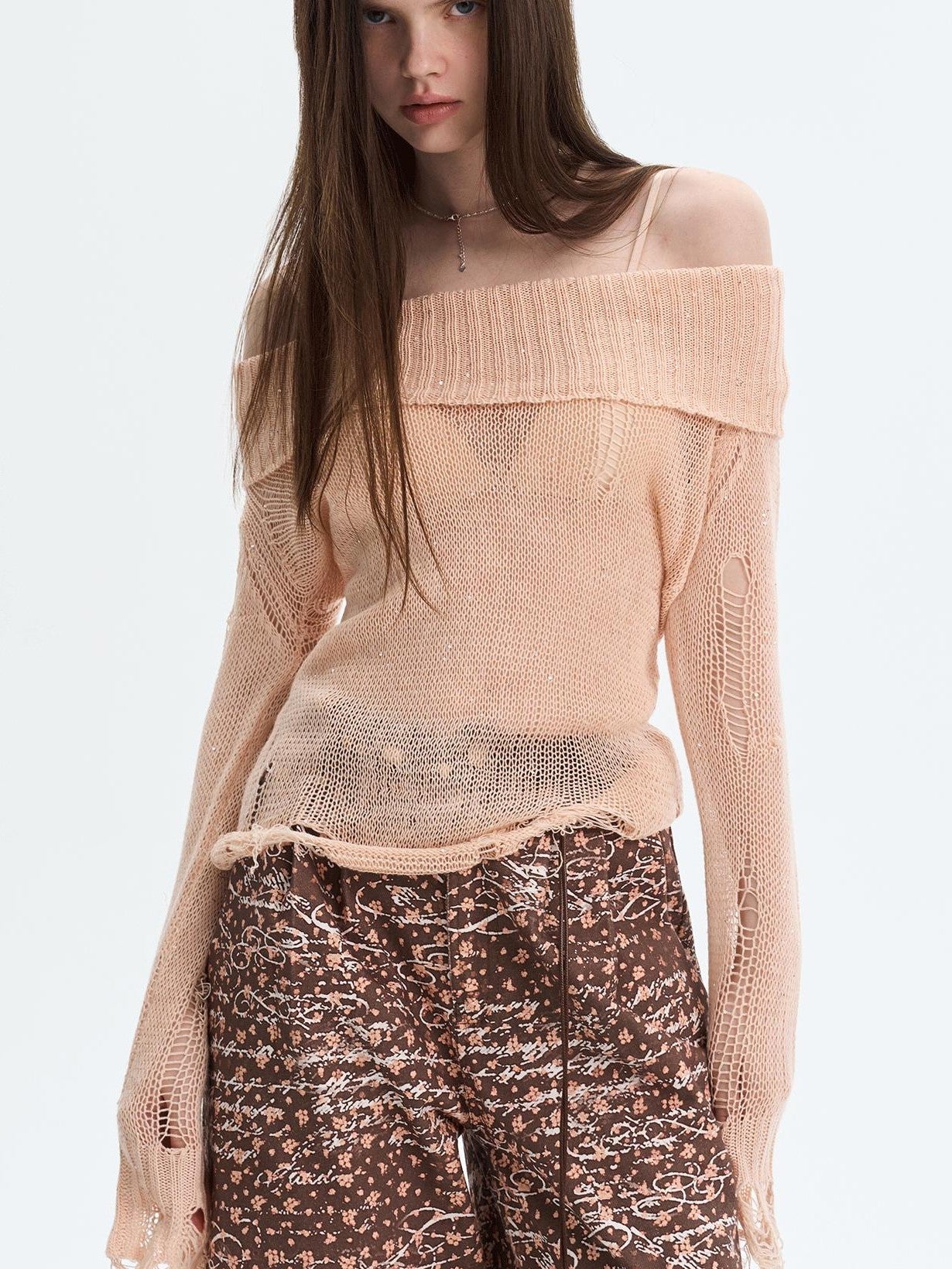 The NeverMore Peach Pink Sequin Cutout Slouchy Knit Women&
