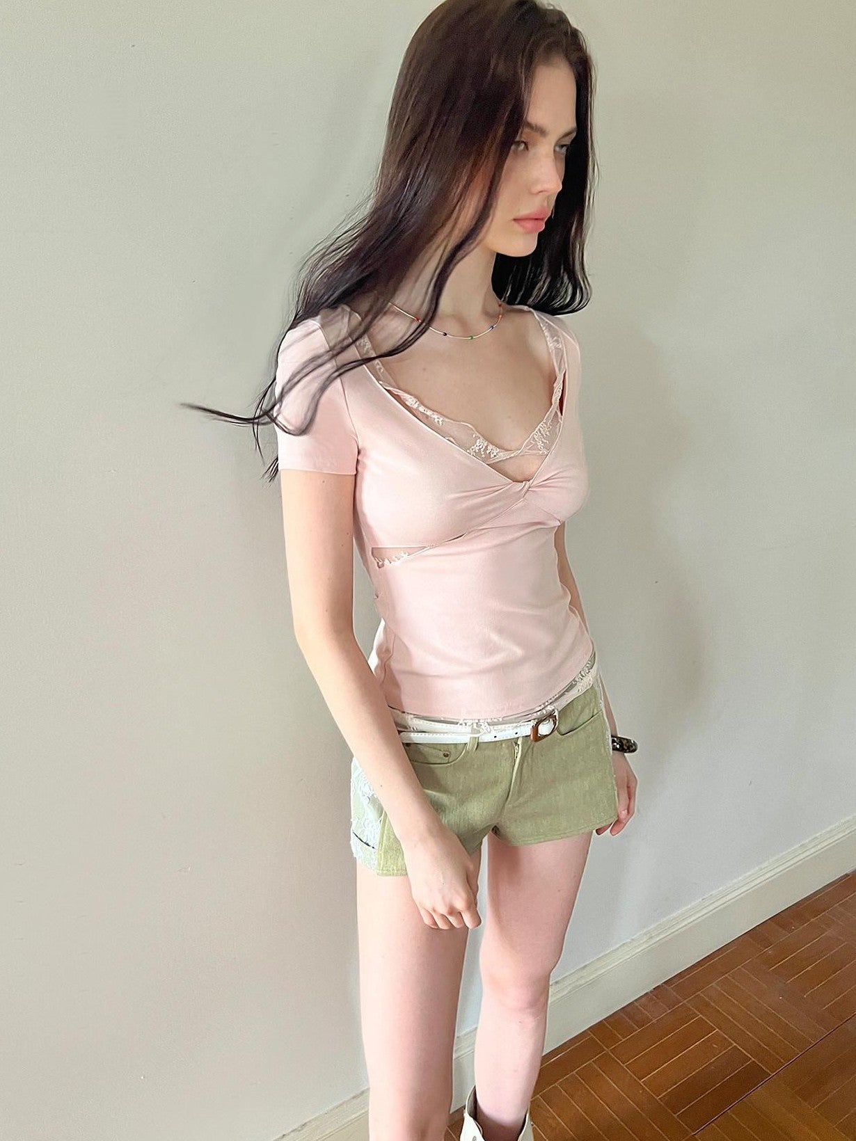 The NeverMore Pink Lace Spliced Slim Fit Women&