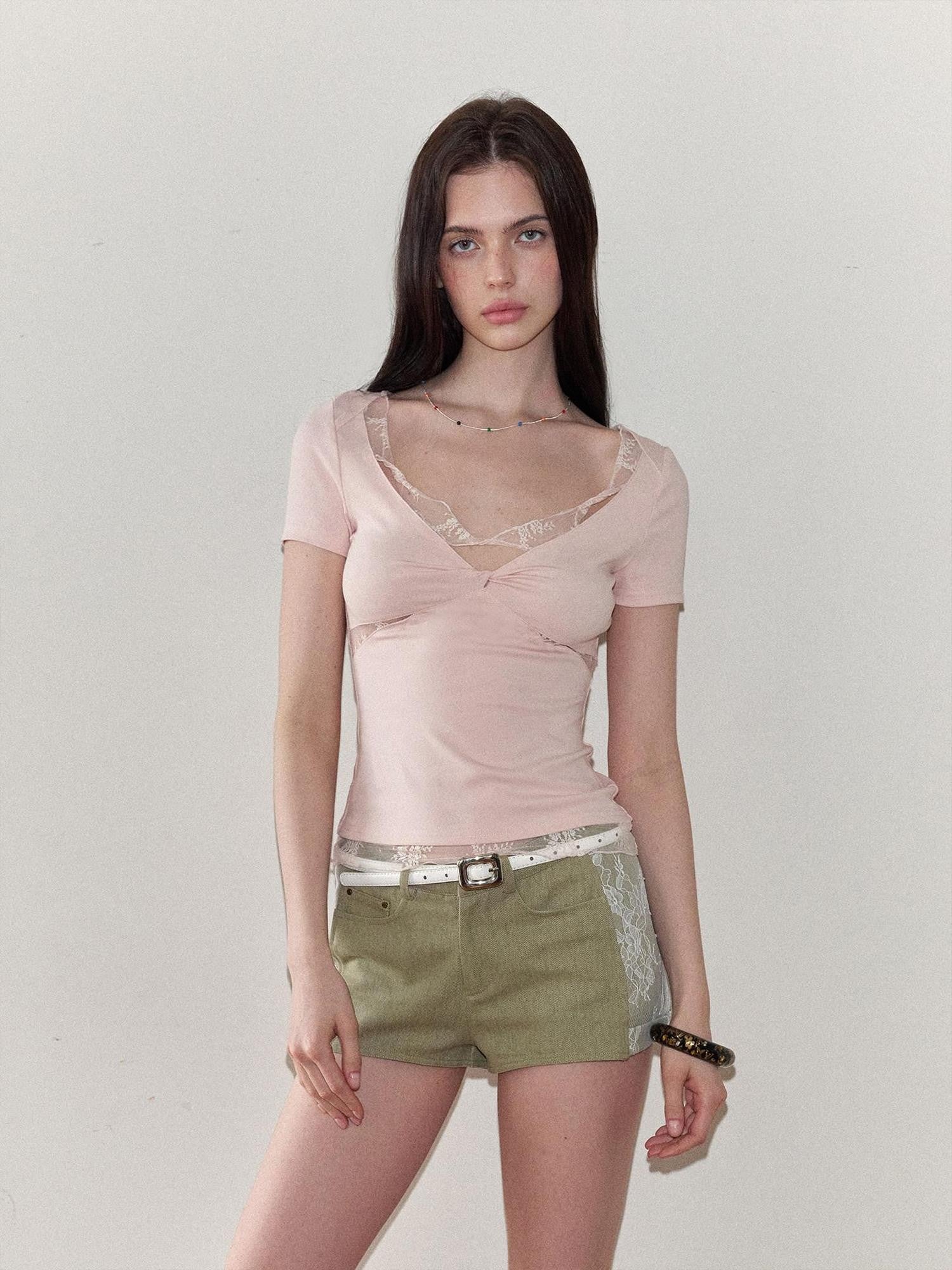 The NeverMore Pink Lace Spliced Slim Fit Women&