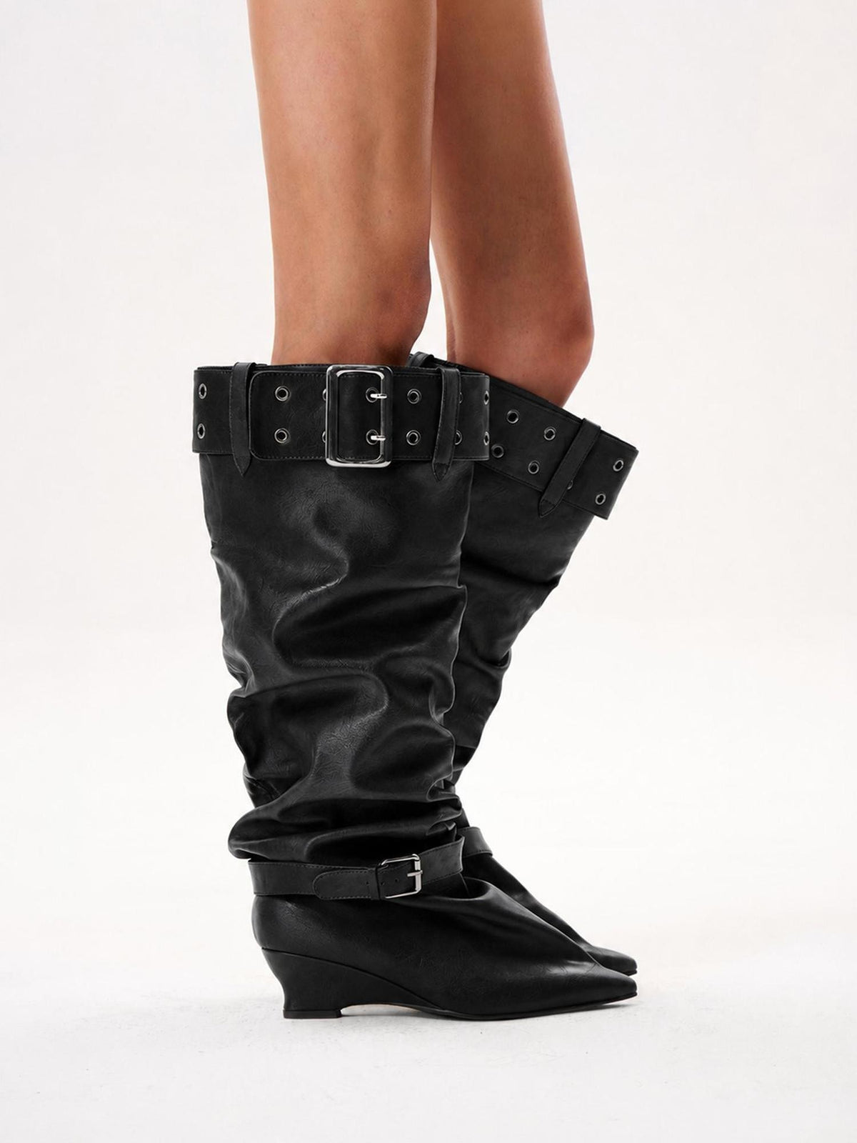 The NeverMore Pointed Toe Rivet Ruched Chunky Heel Women&
