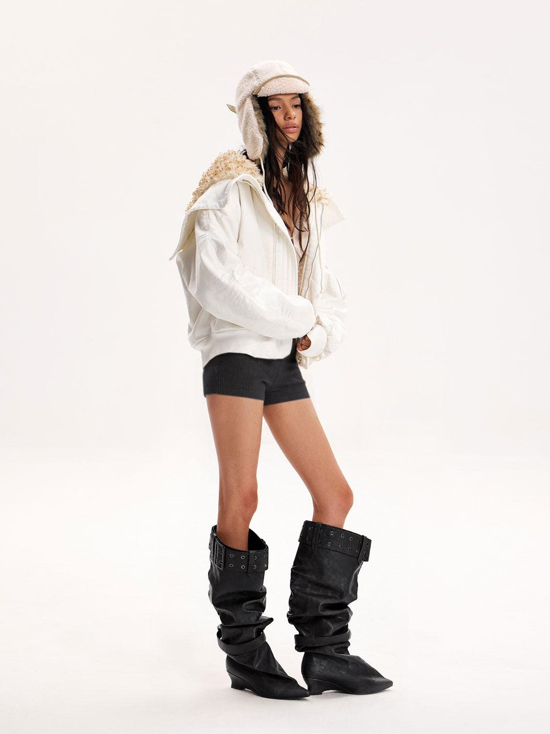 The NeverMore Pointed Toe Rivet Ruched Chunky Heel Women&