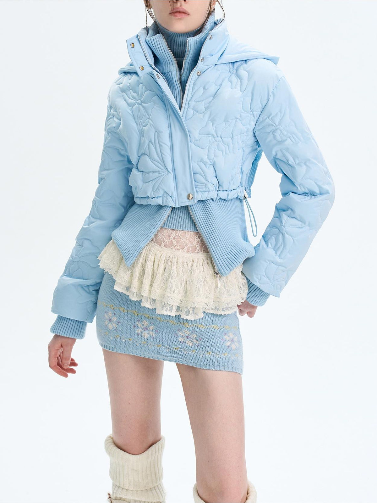 The NeverMore Quilted Embossed Cropped Hooded 90 White Duck Down Women&