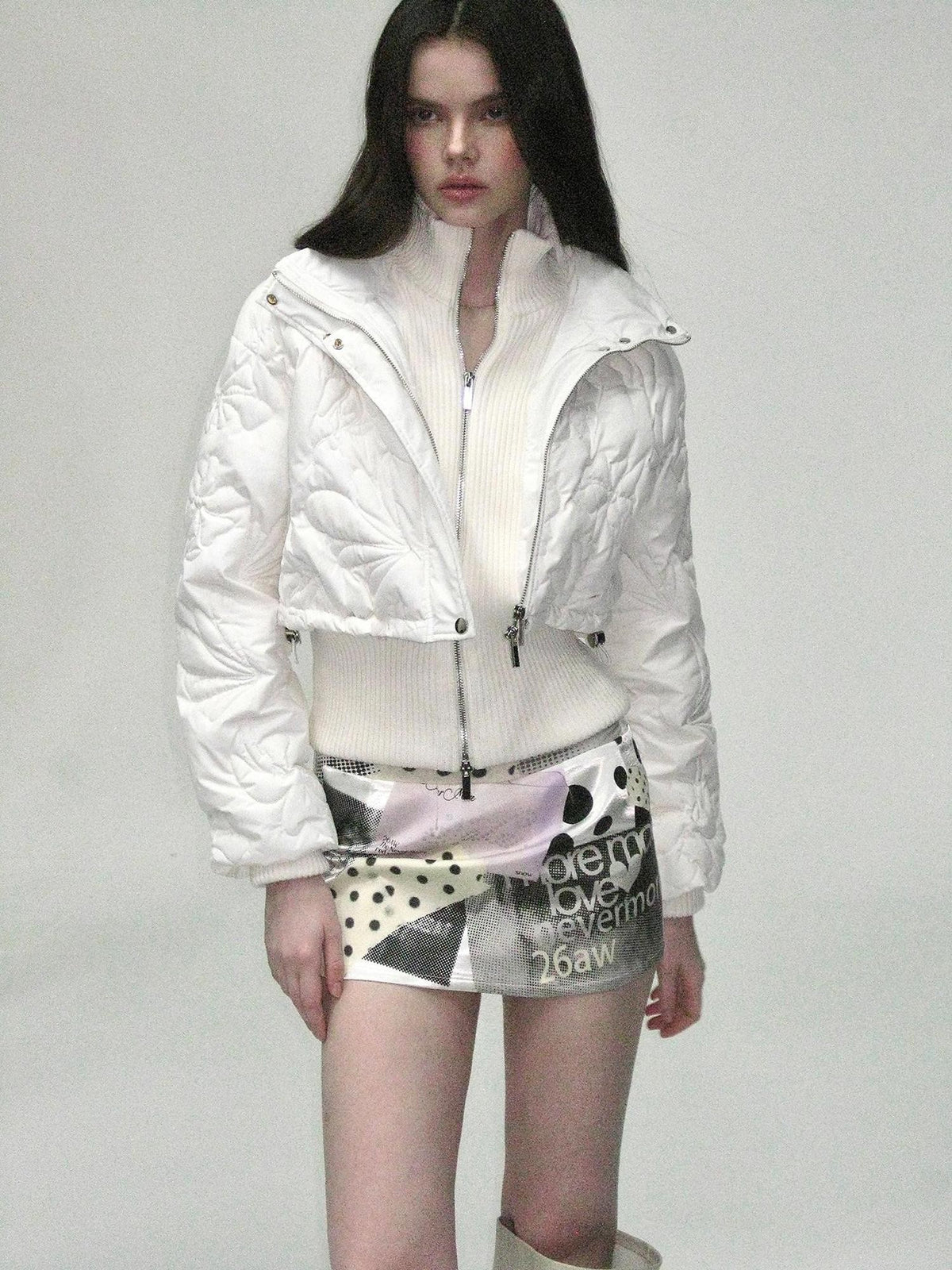 The NeverMore Quilted Embossed Cropped Hooded 90 White Duck Down Women&