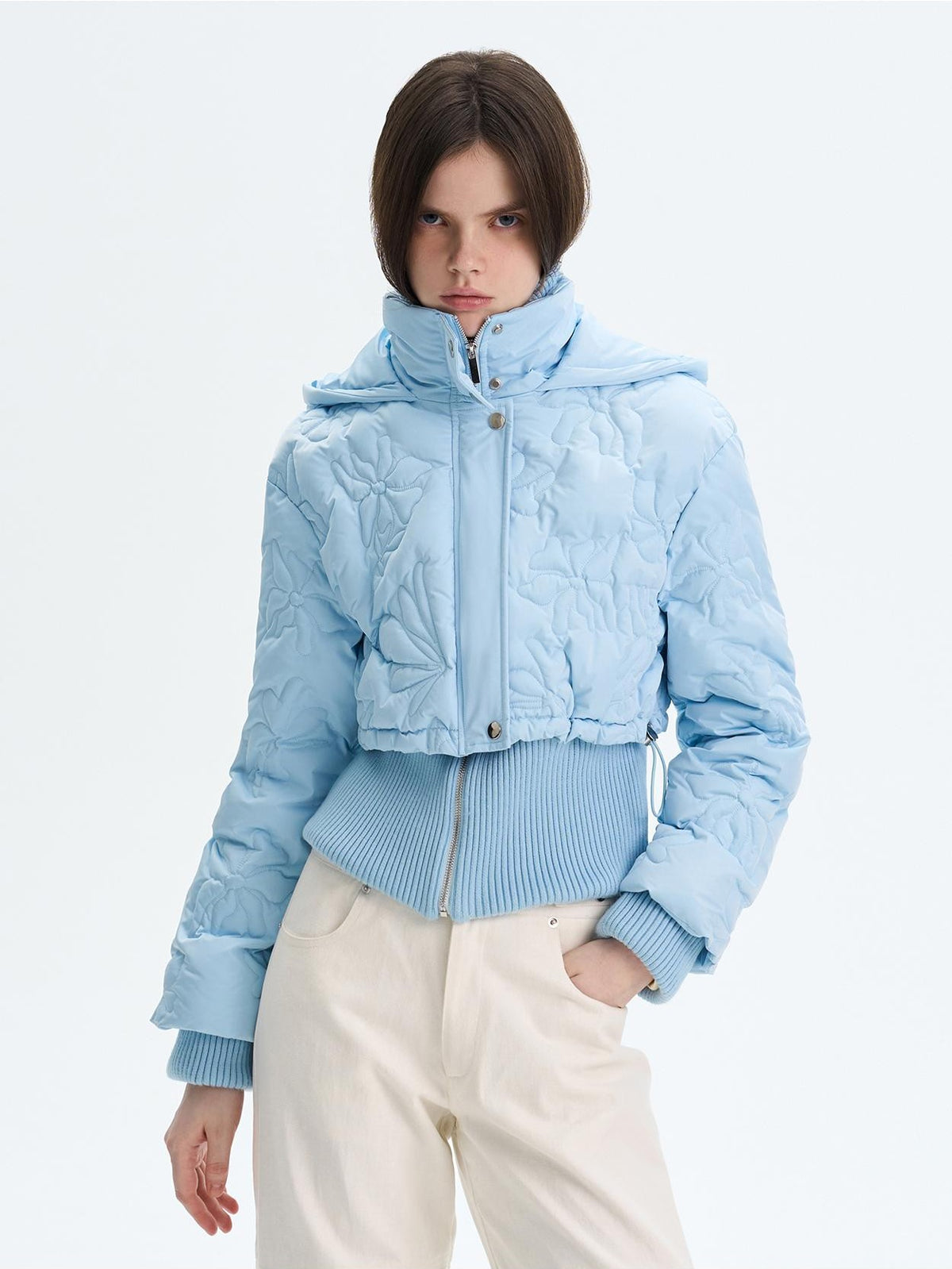 The NeverMore Quilted Embossed Cropped Hooded 90 White Duck Down Women&