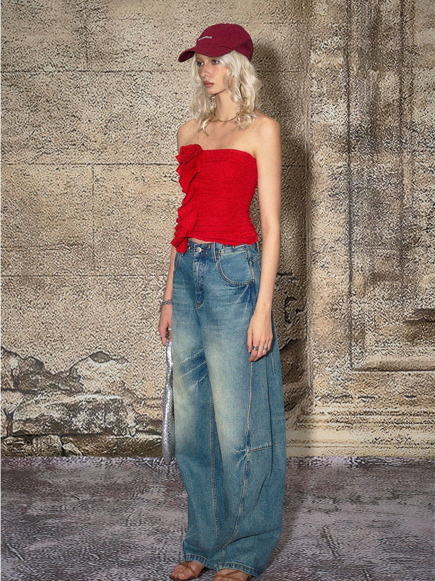 The NeverMore Red 3d Floral Cropped Off Shoulder Women&