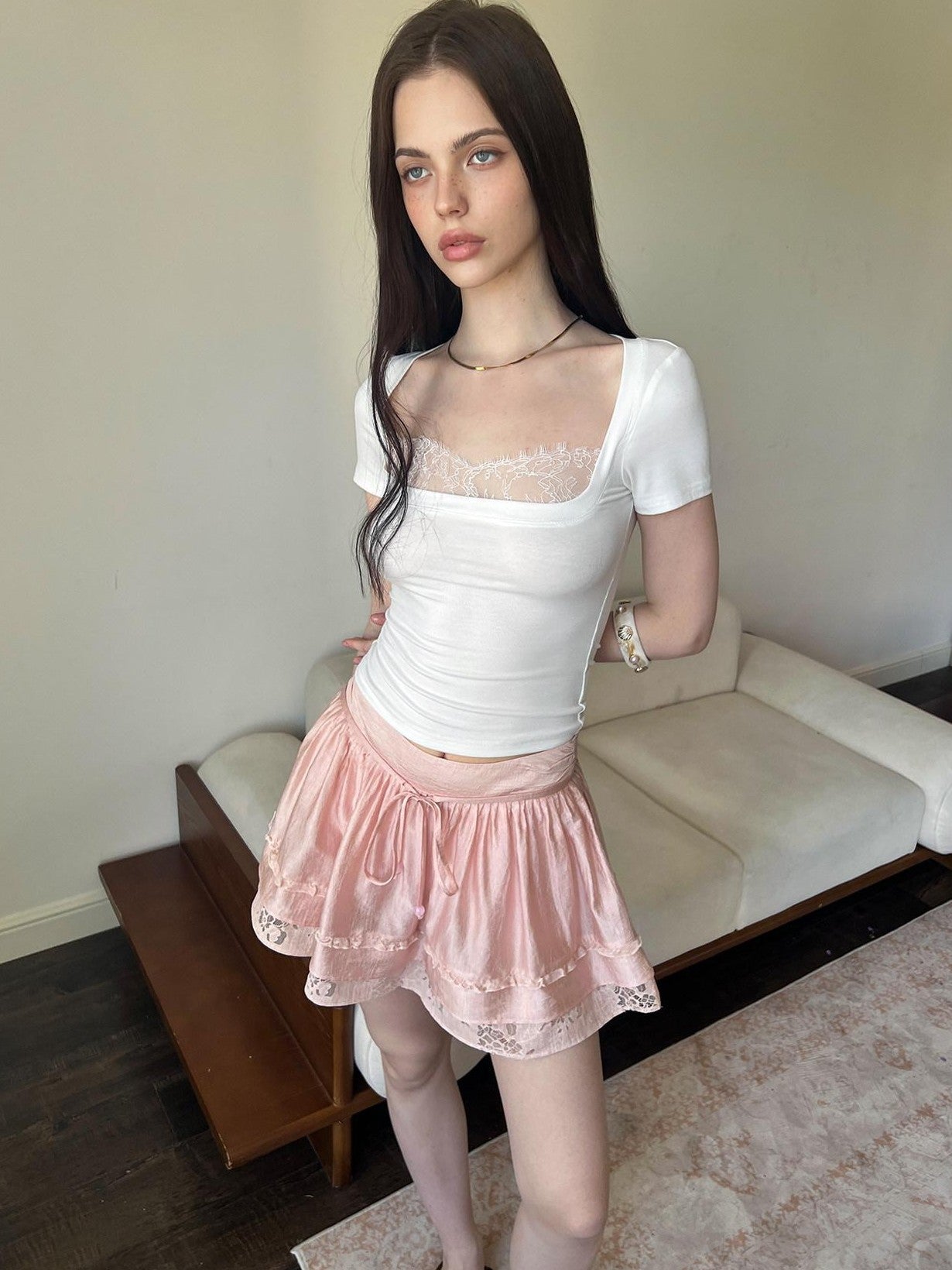 The NeverMore Retro Lace Spliced Short Sleeve Women&