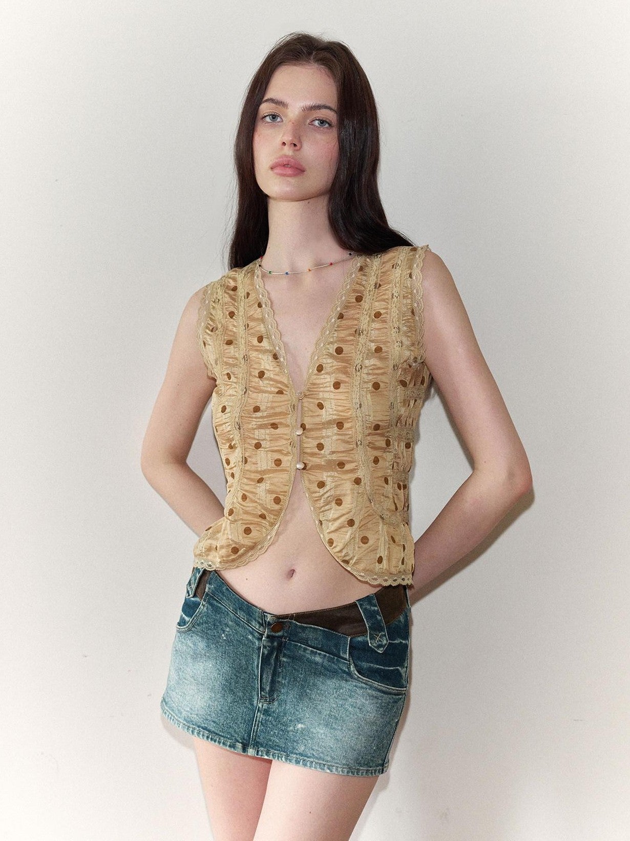The NeverMore Retro Polka Dot Reversible Slim Fit Short Round Neck Women&