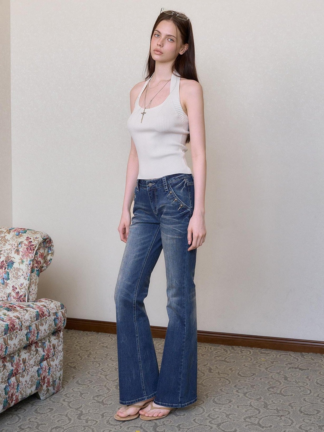 The NeverMore Retro Studded Slim Micro Flare Women&