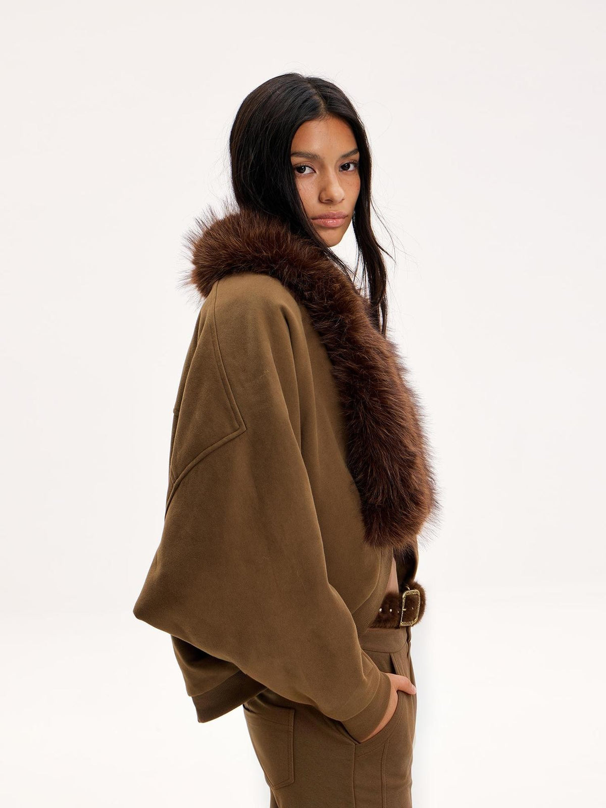 The NeverMore Reversible Faux Fur Trim Cropped Cardigan High Waist Flared Pants Women&