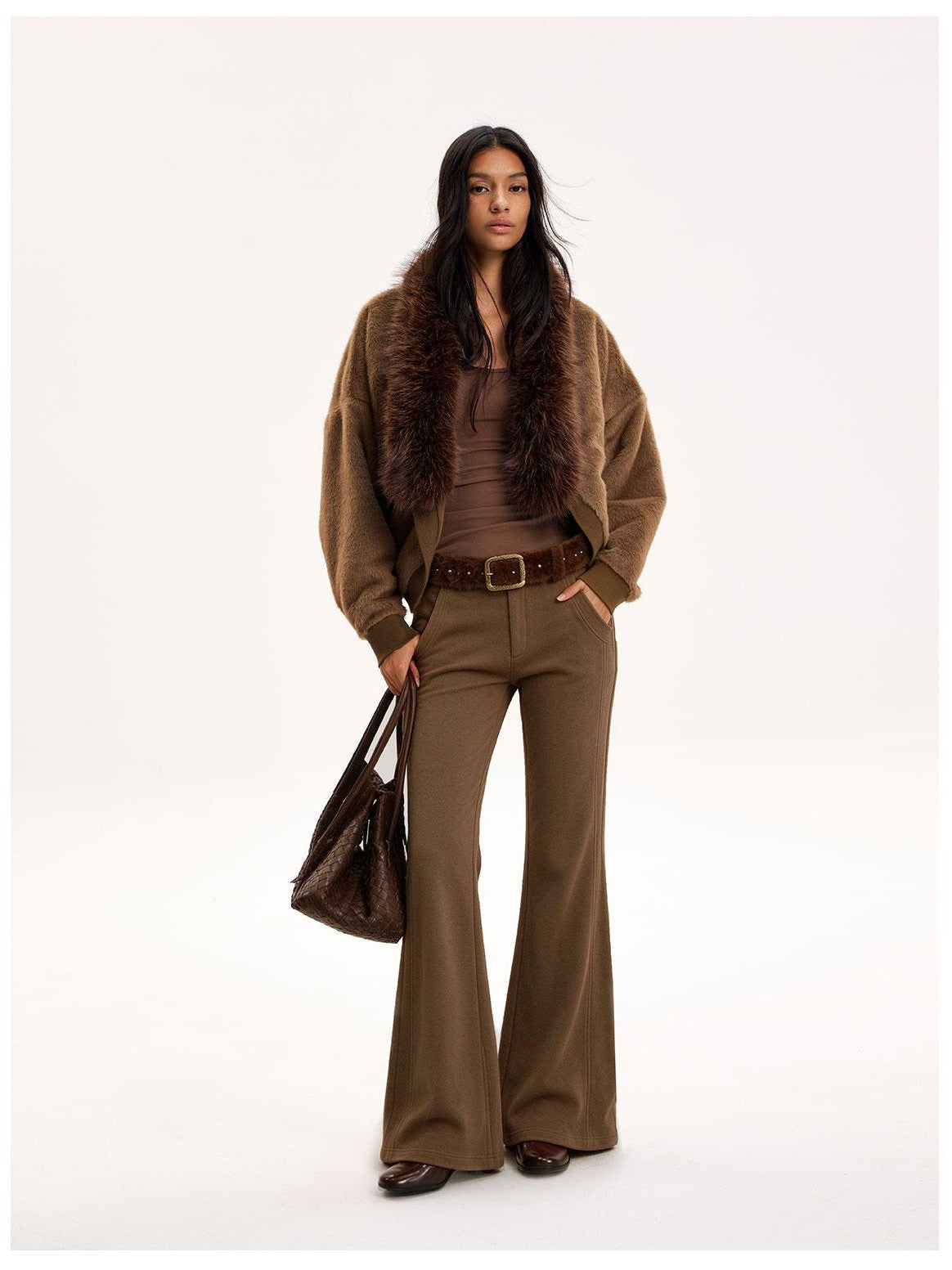 The NeverMore Reversible Faux Fur Trim Cropped Cardigan High Waist Flared Pants Women&