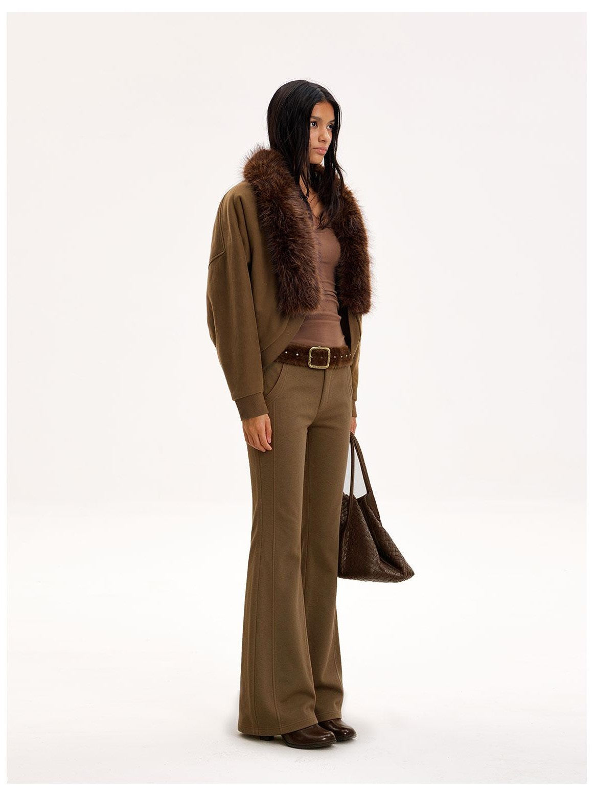 The NeverMore Reversible Faux Fur Trim Cropped Cardigan High Waist Flared Pants Women&