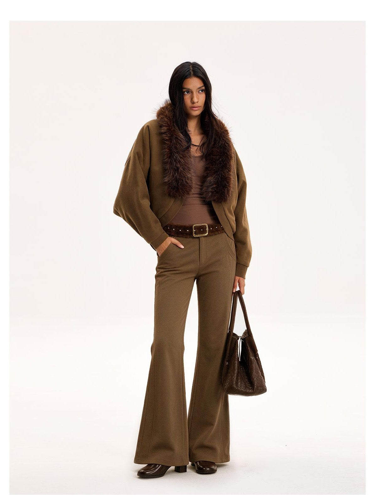 The NeverMore Reversible Faux Fur Trim Cropped Cardigan High Waist Flared Pants Women&